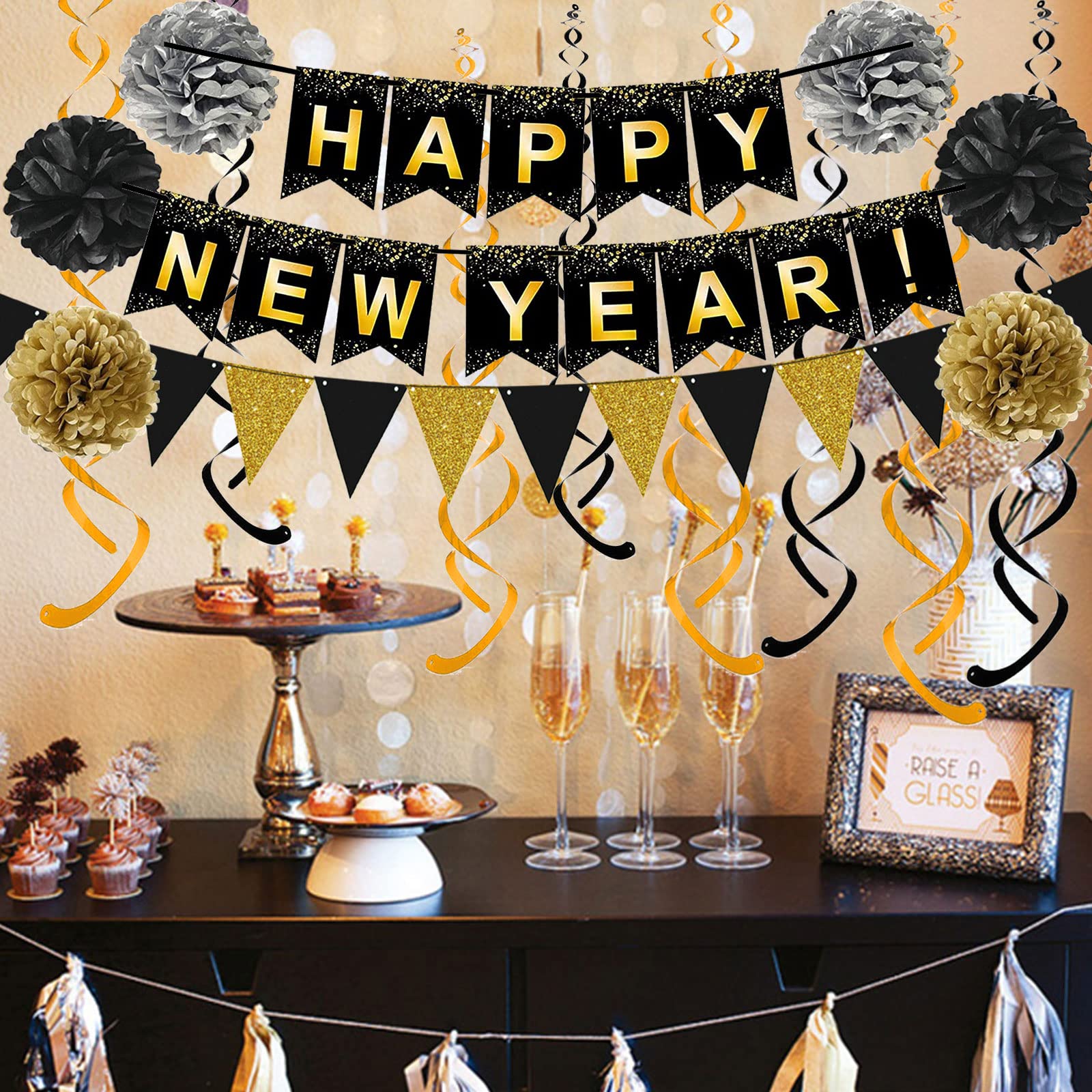 Happy New Year Set Black Banner with Gold Black Paper Flag Bunting Swirl Streamers & Pom Poms for Happy New Year Party Decorations