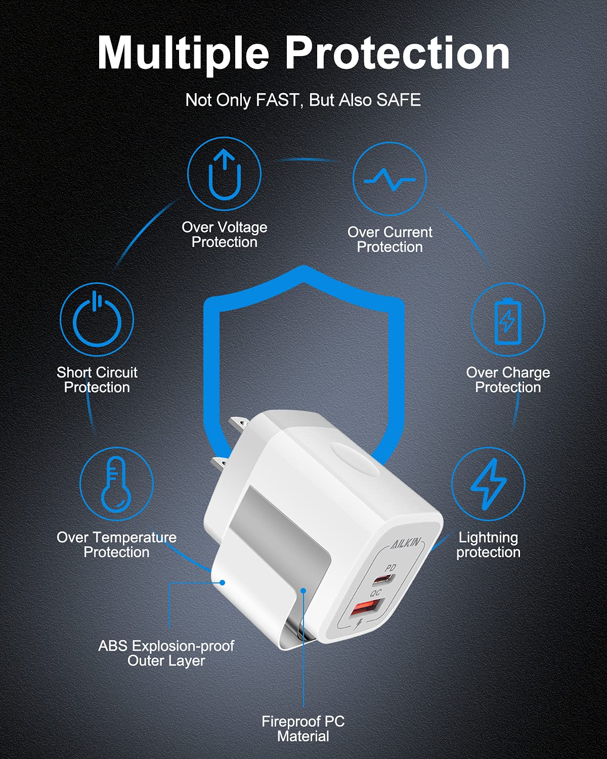 3Pack Dual Port USB-C Wall Plug-in USB Charger, AILKIN 20W Power Delivery + QC3.0 USB A Double Port Fast Charging Block for iPhone 15 14 13 12 Pro Max 14 Pro 12 Mini 16 Pro Max 16 Plus 16 SE X XS Cube