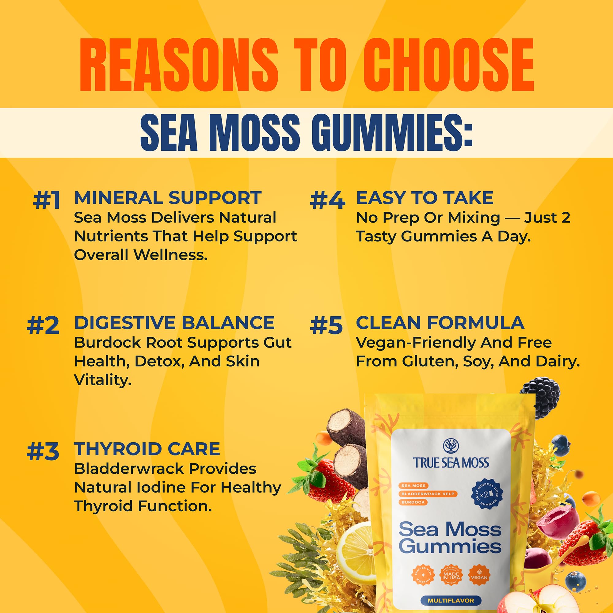 TrueSeaMoss Sea Moss Gummies with Bladderwrack, Burdock Root – Vegan Supplement Sea Vegetables for Adults & Kids – Plant-Based, Fruity Flavor – 60 Gummies Sea, Made in USA - (Pauch May Vary)