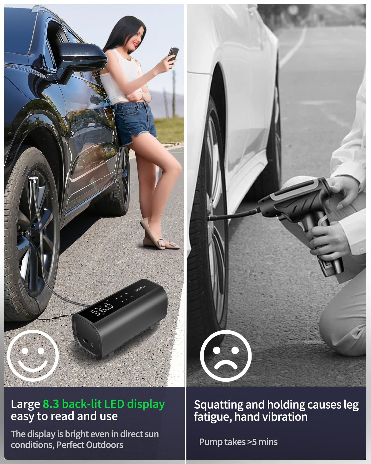 YANTU Dual Cylinder Tire Inflator Portable Air Compressor With 8.3-Inch Large Digital Screen,12V Cordless/battery powered Car Air Pump For Car Tires，Electric Auto Shut Off for Truck/Bike/Pickup/Moto