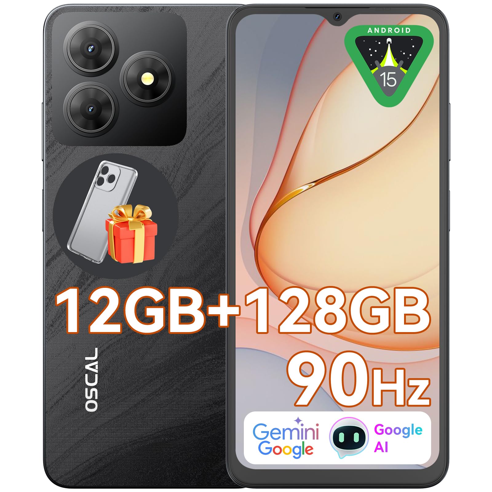 OSCAL Android Phones Unlocked for T-Mobile, FLAT 2 Android 15 Phone(2025), 12GB+128GB/2TB TF Octa Core, Dual SIM Phones Unlocked (US Warranty), 5000mAh, 90Hz,6.56"HD+, 4G/GPS/Fingerprint/Face ID-Black
