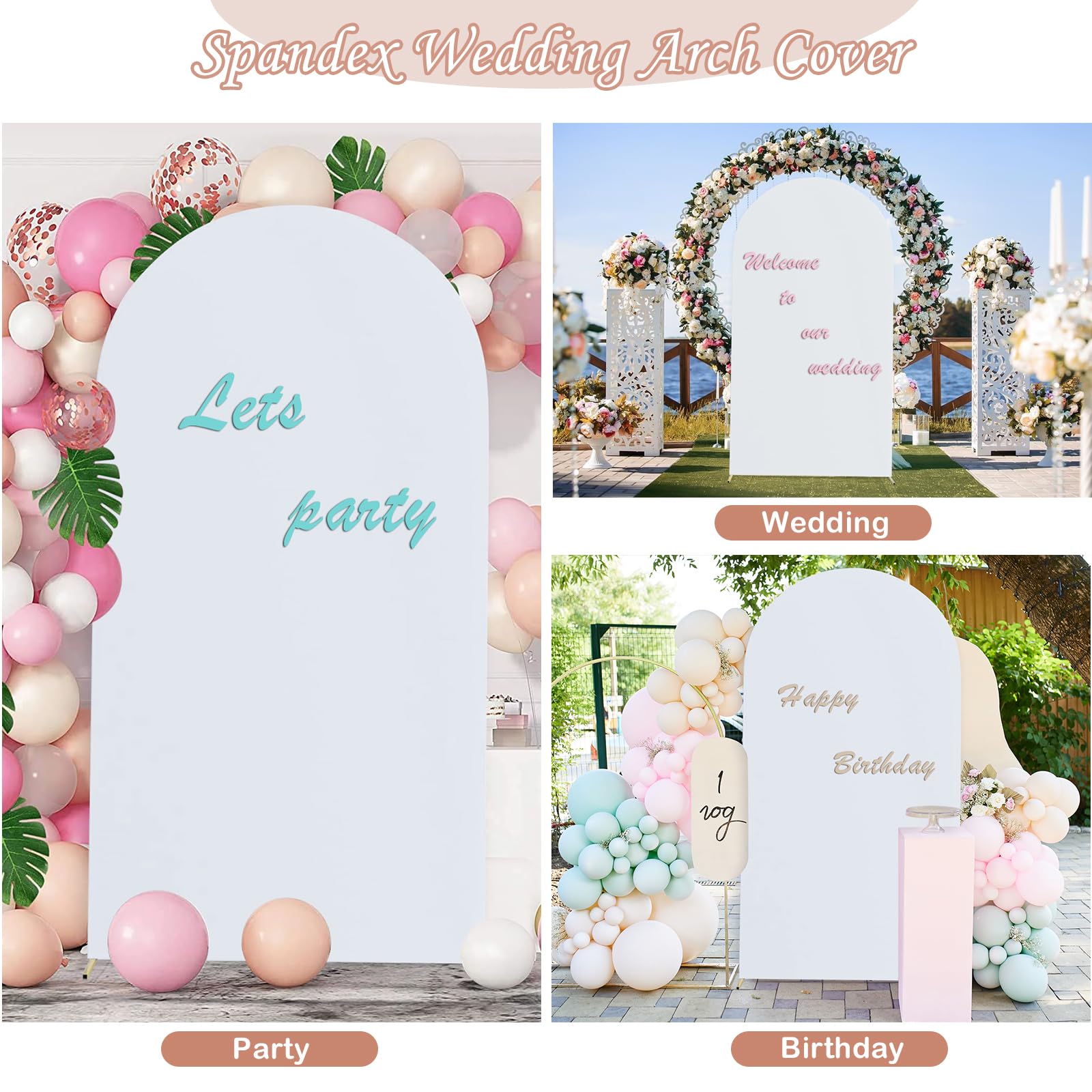 Set of 3 Wedding Arch Cover Spandex Fitted Stretchy Arch Stand Covers,2-Sided Round Top Backdrop Cover for Party Birthday Banquet Baby Shower Arch Decoration (4ft,5ft,6ft White)