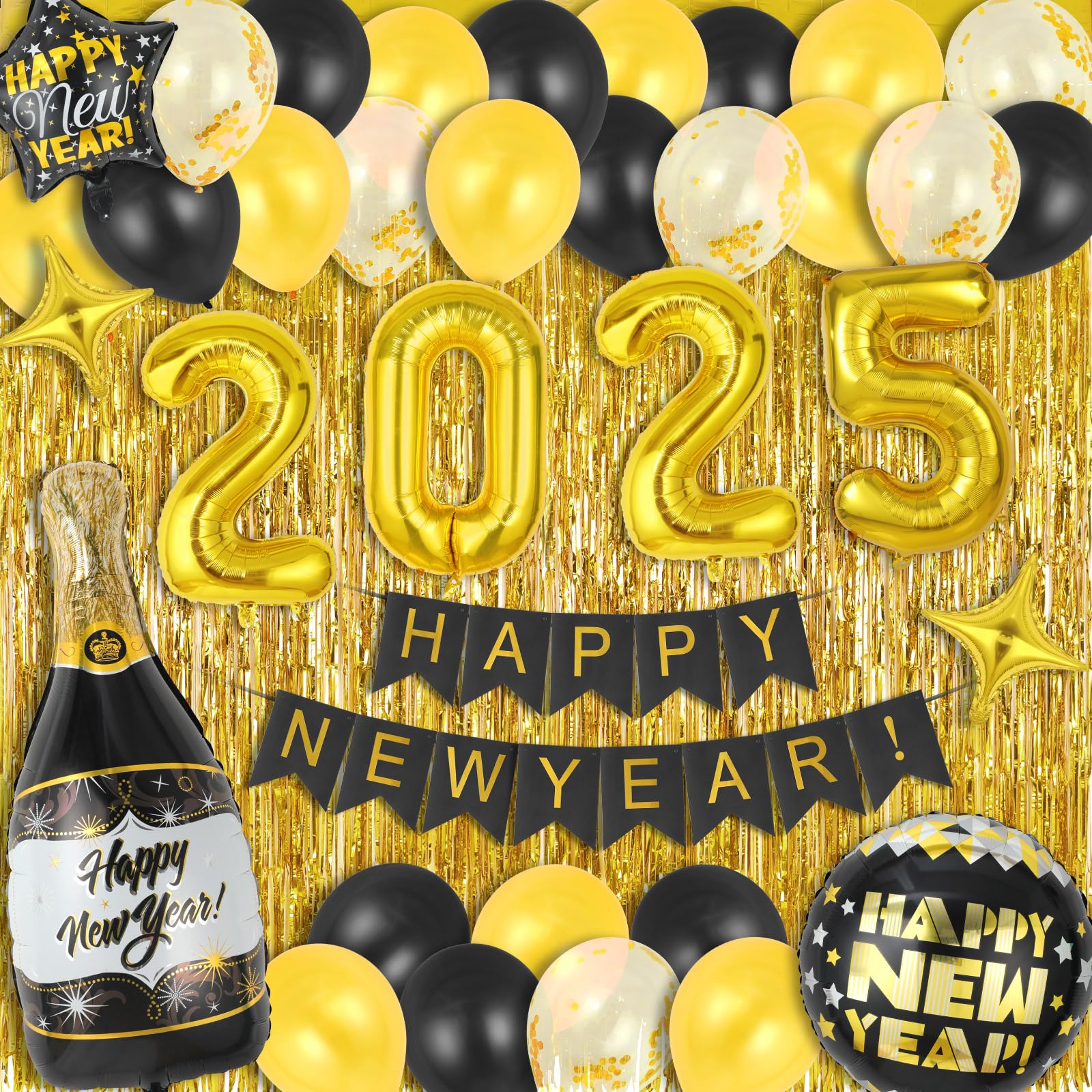 New Year Eve Party Supplies 2025 - 2025 Happy New Year Decorations Black Gold with 2025 Foil Balloon, Happy New Year Banner, Latex Balloon and Gold Foil Curtain Backdrop