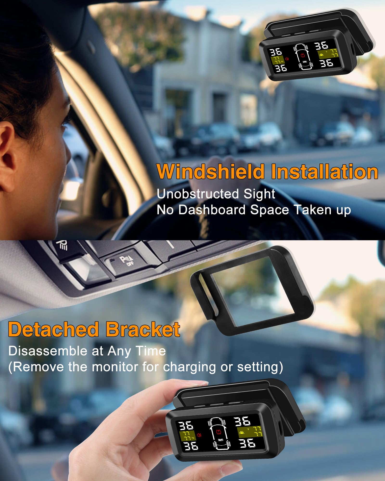 Tire Pressure Monitoring System 【2024 Upgrade Detached Bracket】Wireless Solar TPMS Tire Pressure Monitor Installed on Windowshield with 4 External Sensors Real-Time Display 5-87PSI for Car RV SUV MPV