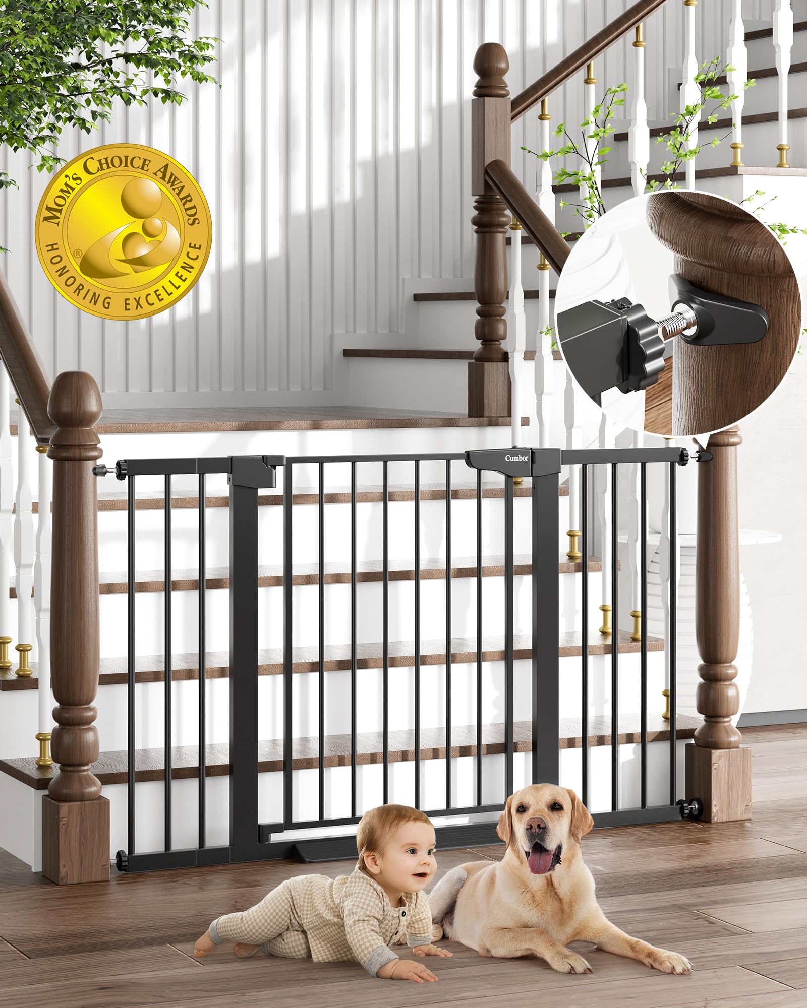 Cumbor 29.7-51.5" Baby Gate Extra Wide, Safety Dog Gate for Stairs Easy Walk Thru Auto Close Pet Gates for The House, Doorways, Child Gate Includes 4 Wall Cups, Black-Mom's Choice Awards Winner