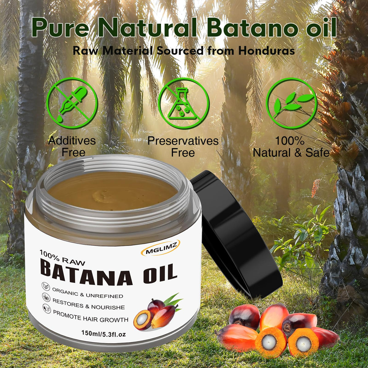 MGLIMZ Natural 100% Raw Batana Oil, 5.3 Fl Oz for Thicker Fuller Hair Growth ,Prevents Hair Loss, Repairs Splitting, Drying and Injuring Hair.