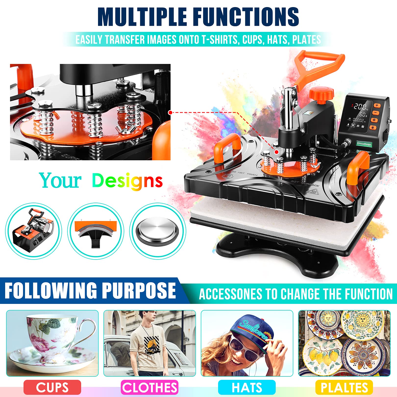 AKEYDIY Upgraded Heat Press Machine 8 in 1 Combo,Digital Multifunction Shirt Press Machine for T Shirts12"X15" Sublimation Machine 360-Degree Swing Away Dual-Tube Heating for DIY T-Shirts Cap & Mugs