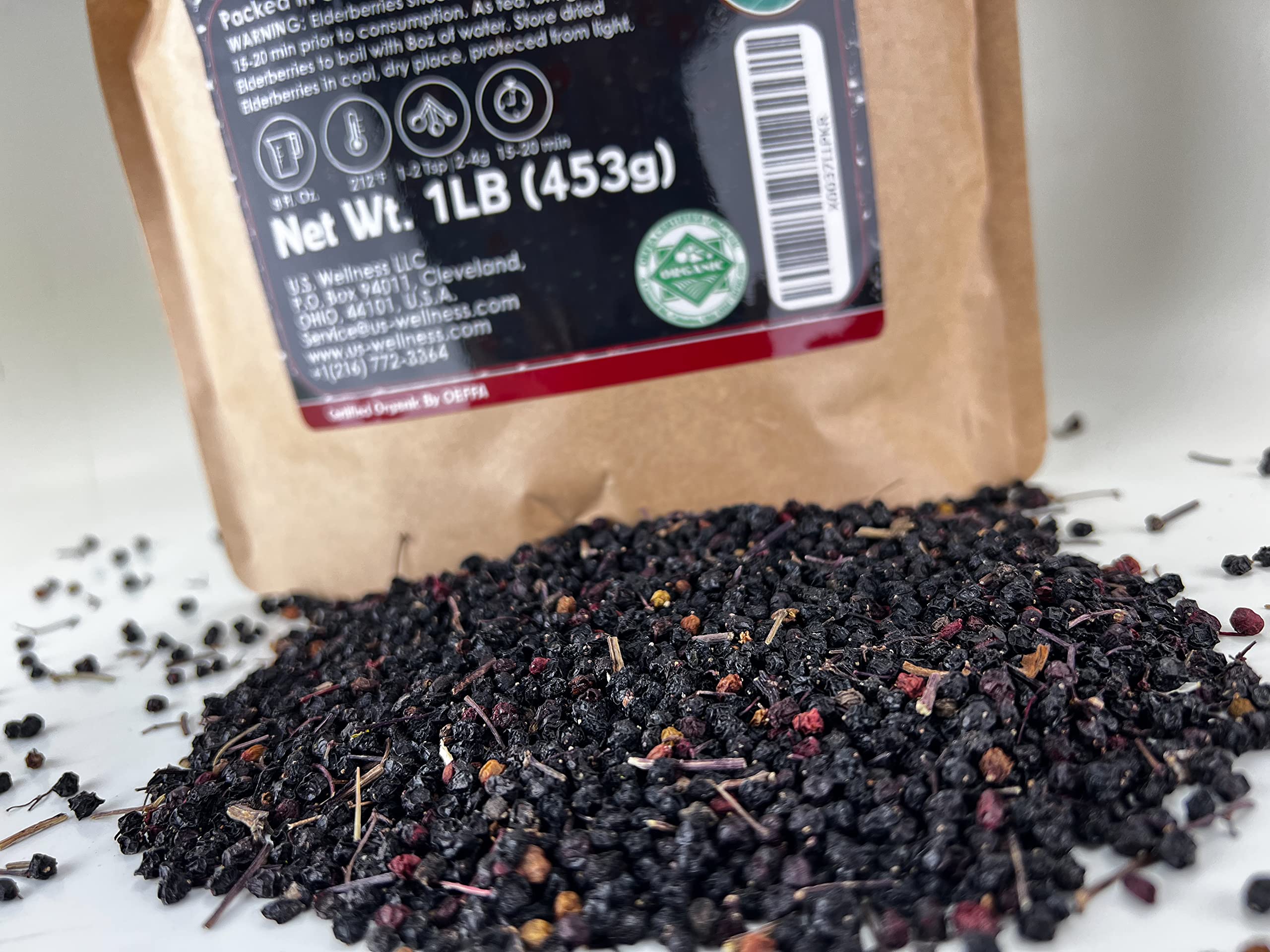 U.S. Wellness Naturals Elderberries – 1lb (Real Wild Harvest) | 100% USDA Certified Organic | Bulk Black Dried Elderberry | for Making Elder Syrup, Gummies, Tea - Raw Vegan Sambucus Nigra