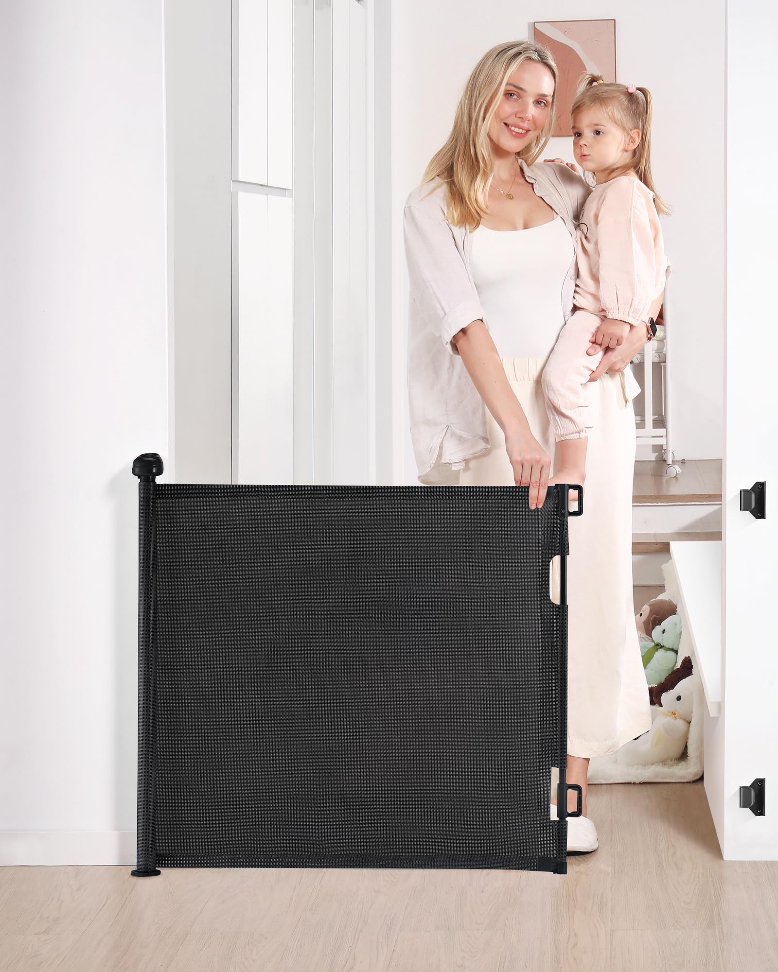 Likzest Retractable Baby Gate, Mesh Baby and Pet Gate 33" Tall, Extends up to 55" Wide, Child Safety Baby Gates for Stairs Doorways Hallways, Dog Gate Cat Gate for Indoor and Outdoor (Black)