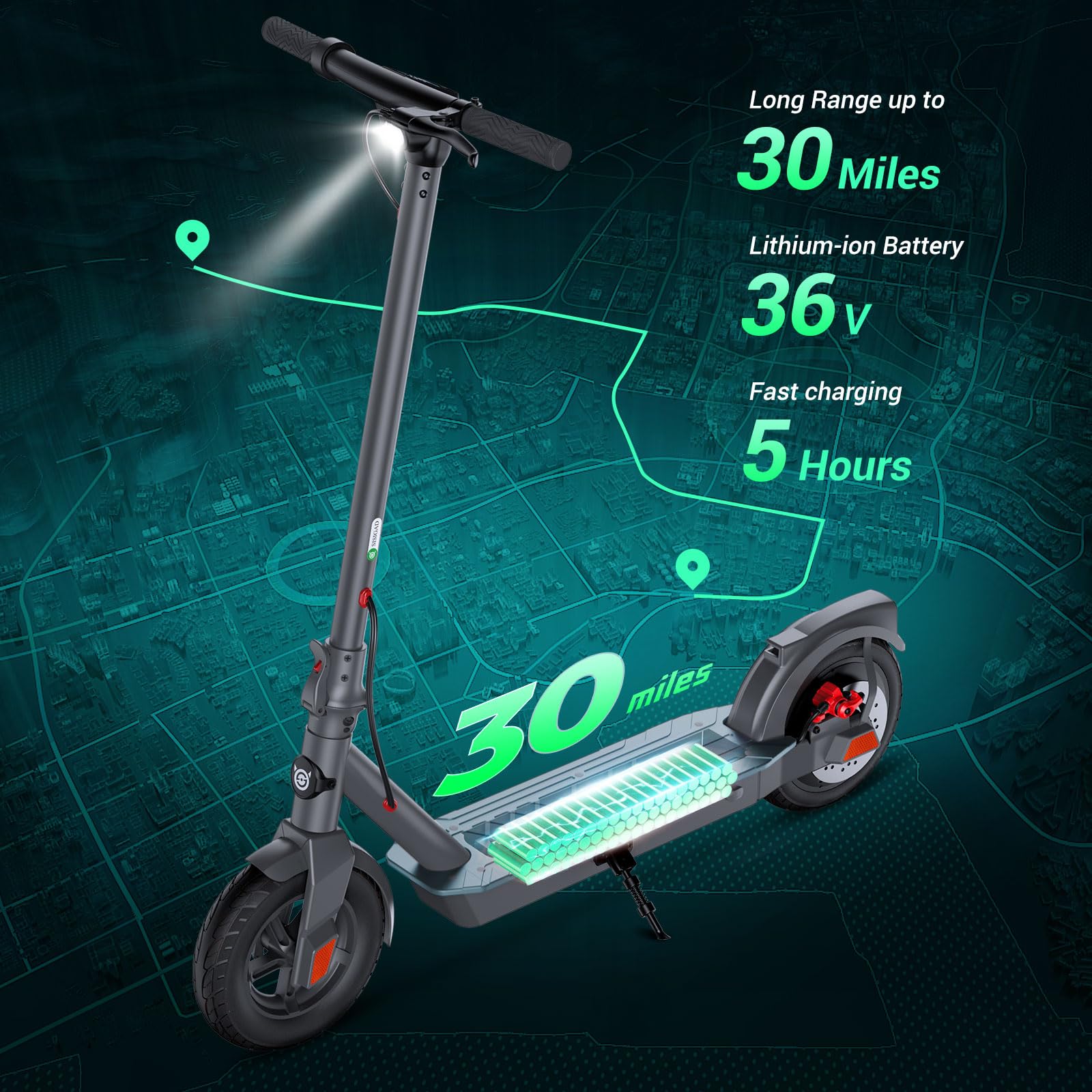 SISIGAD Electric Scooter Adults 10" Solid Tires, Peak 600W Motor, Max 20 Mph Speed, Up to 30 Miles Long Range, Portable Folding E-Scooter for Adults Commuter with Dual Braking System and App