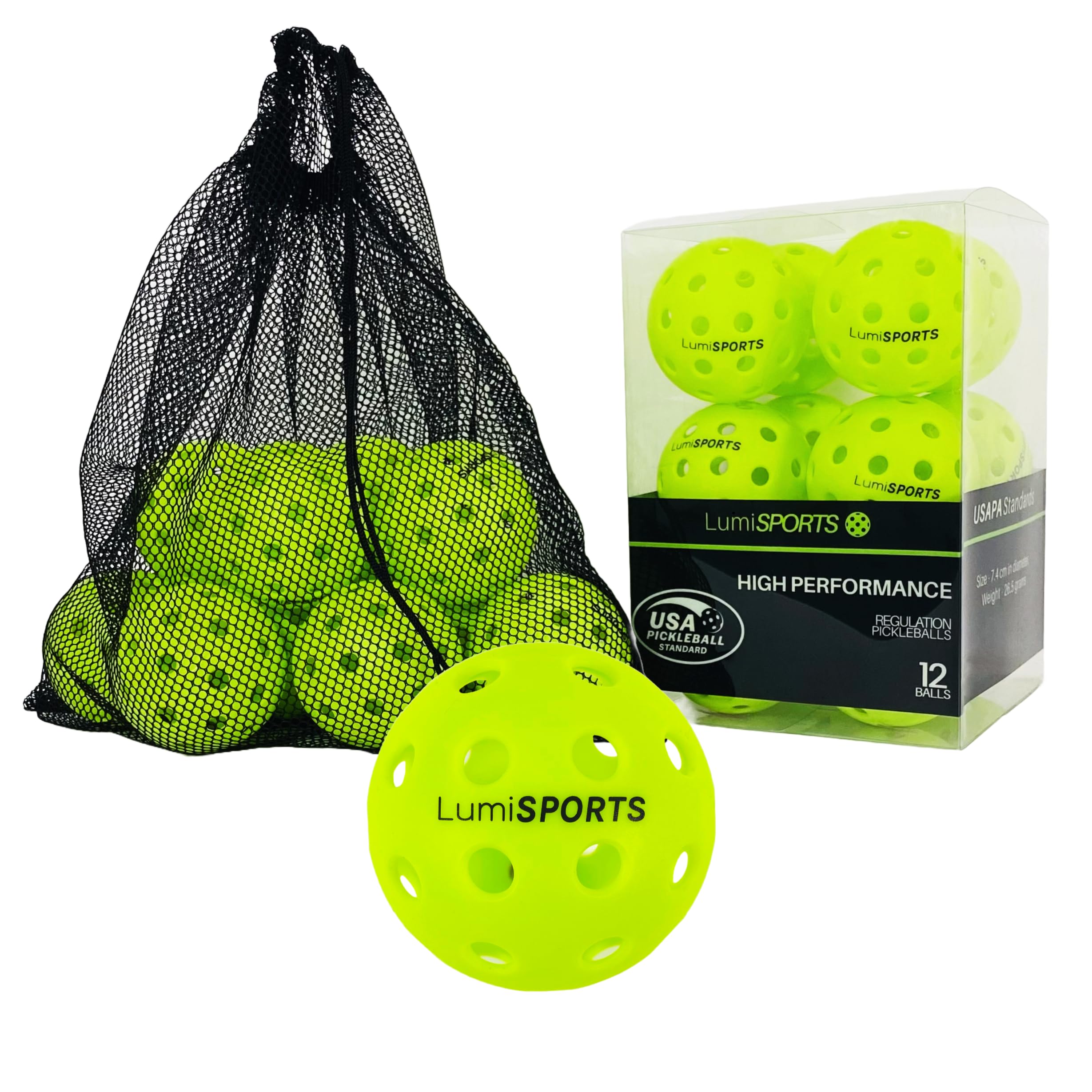 Lumi SPORTS 12-Pack Premium Pickleball Balls | 40 Holes Outdoor/Hybrid Fluorescent Green Balls | All-Surface Play | Crack-Resistance | Convenient Drawstring Mesh Bag | USAPA Standard Size and Weight