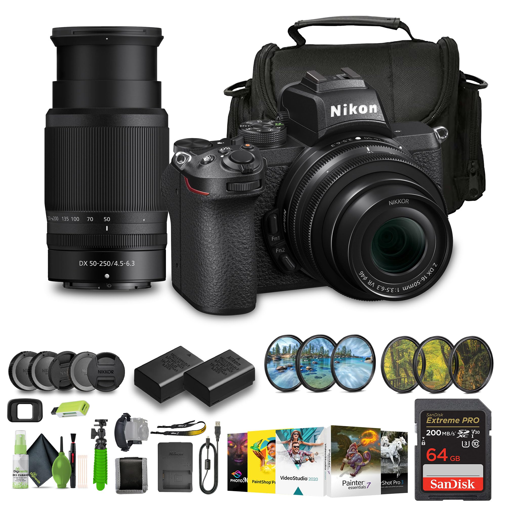 Nikon Z50 Compact Lightweight Mirrorless Camera with 16-50mm and 50-250mm Lenses + ENEL25 Replacement Battery + Extreme PRO 64GB Card+ UV Lens Filter + Photo Editing Software + More