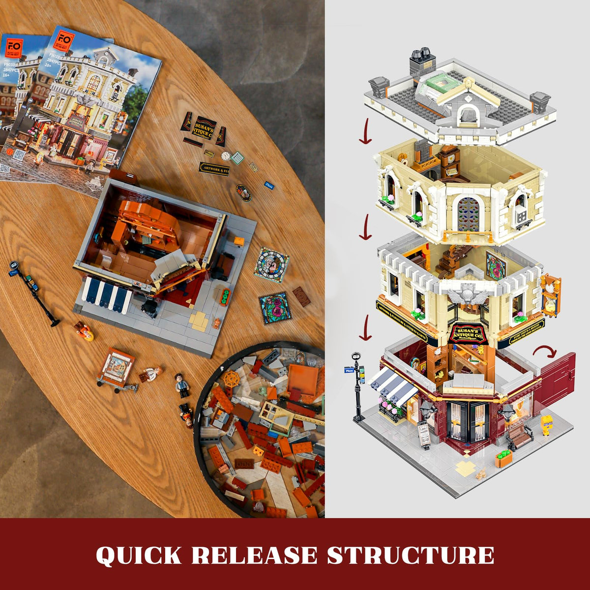 FUNWHOLE Antique-Store Lighting Building-Bricks Set - City Town Corner Collectibles Shop LED Light Modular Building Model Set 2847 Pcs for Adults and Teen