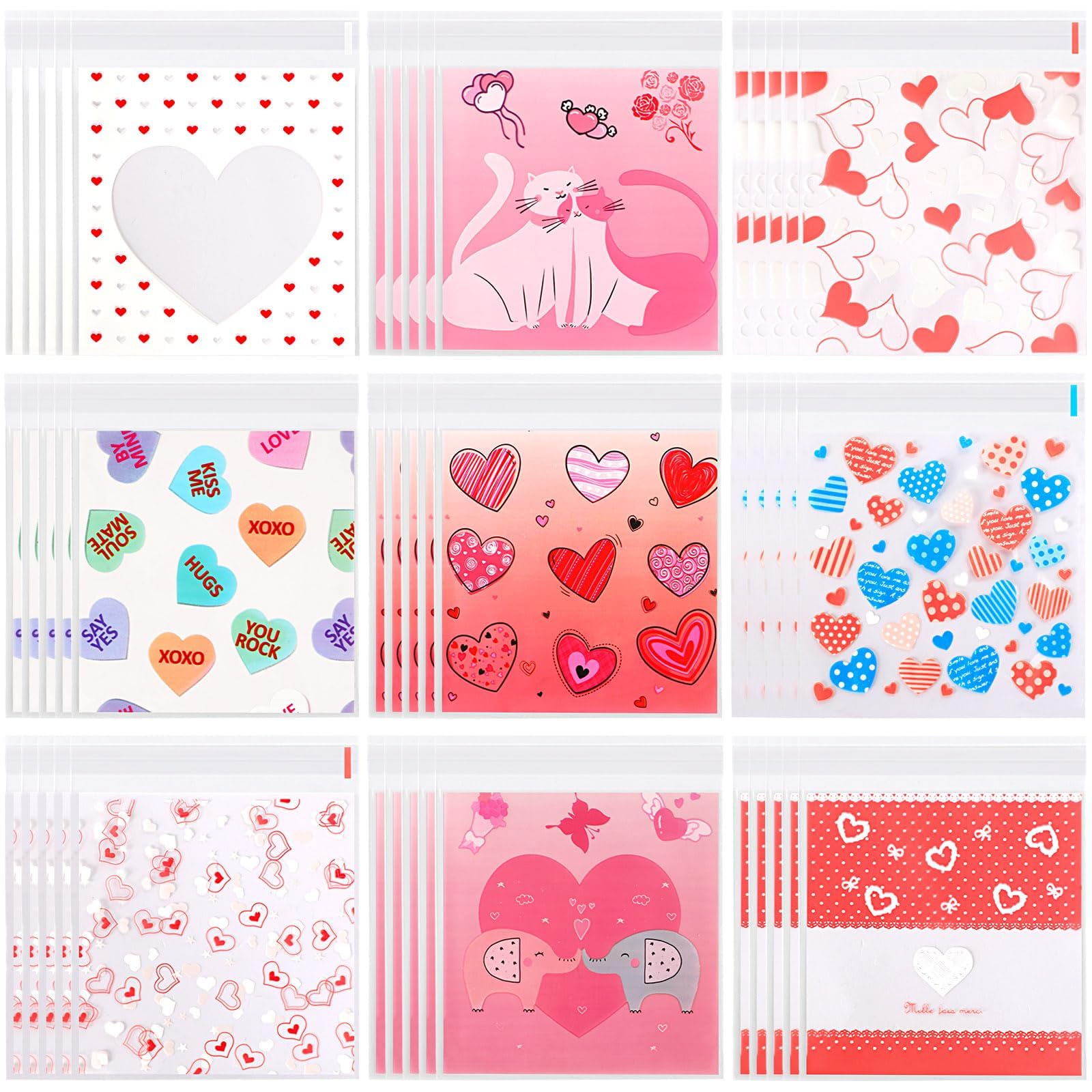 FEBSNOW 450 PCS Valentines Cellophane Bags Heart Self-adhesive Candy Bags Clear Plastic Cookie Treat Bags for Valentine's Day Holiday Party Gift Decoration Supplies Favor (9 Styles)