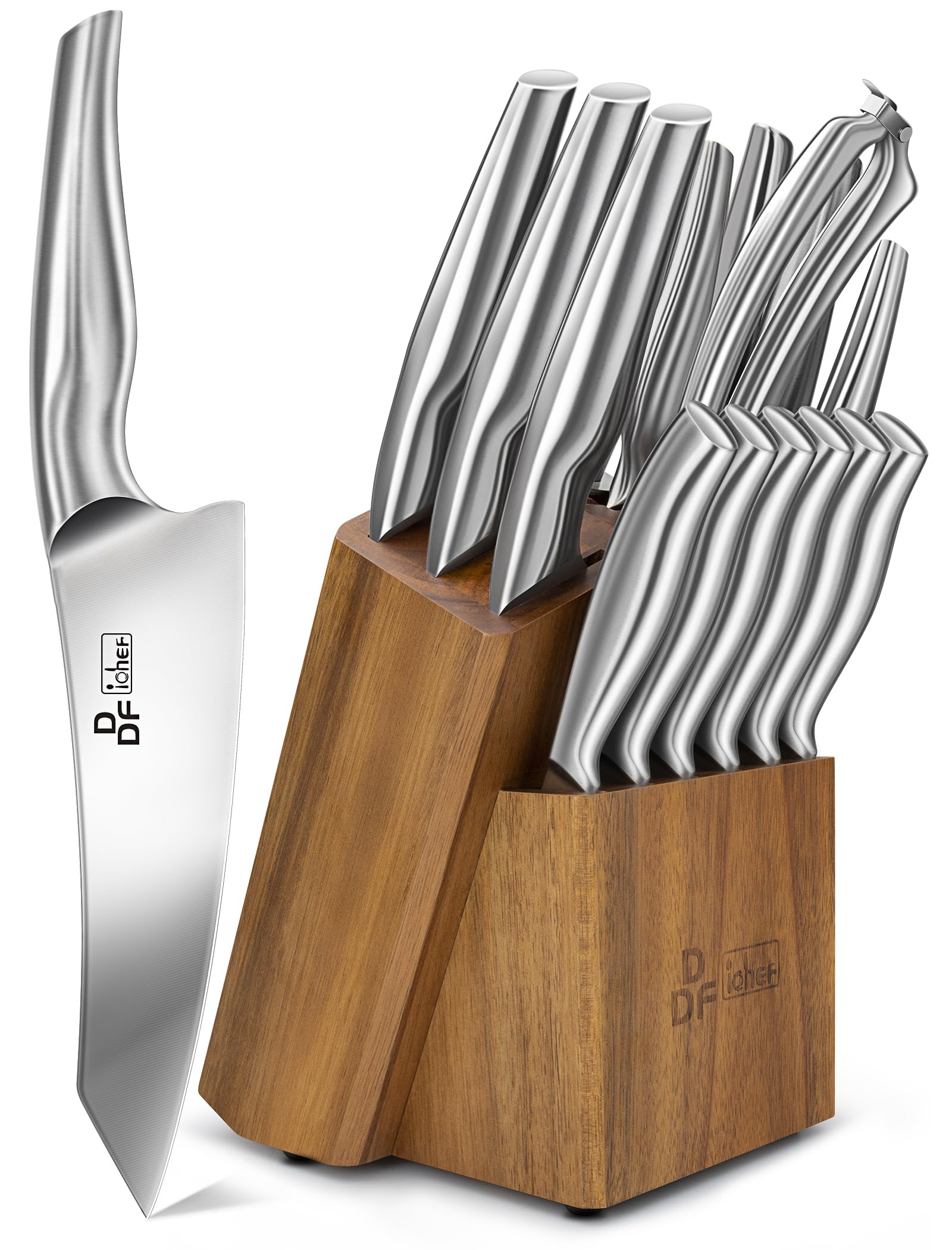 DDF iohEF Kitchen Knife Set with Block, 16 PCS Knife Sets for Kitchen with Block Japanese Stainless Steel, Ultra Sharp Chef Knife Set with Sharpener