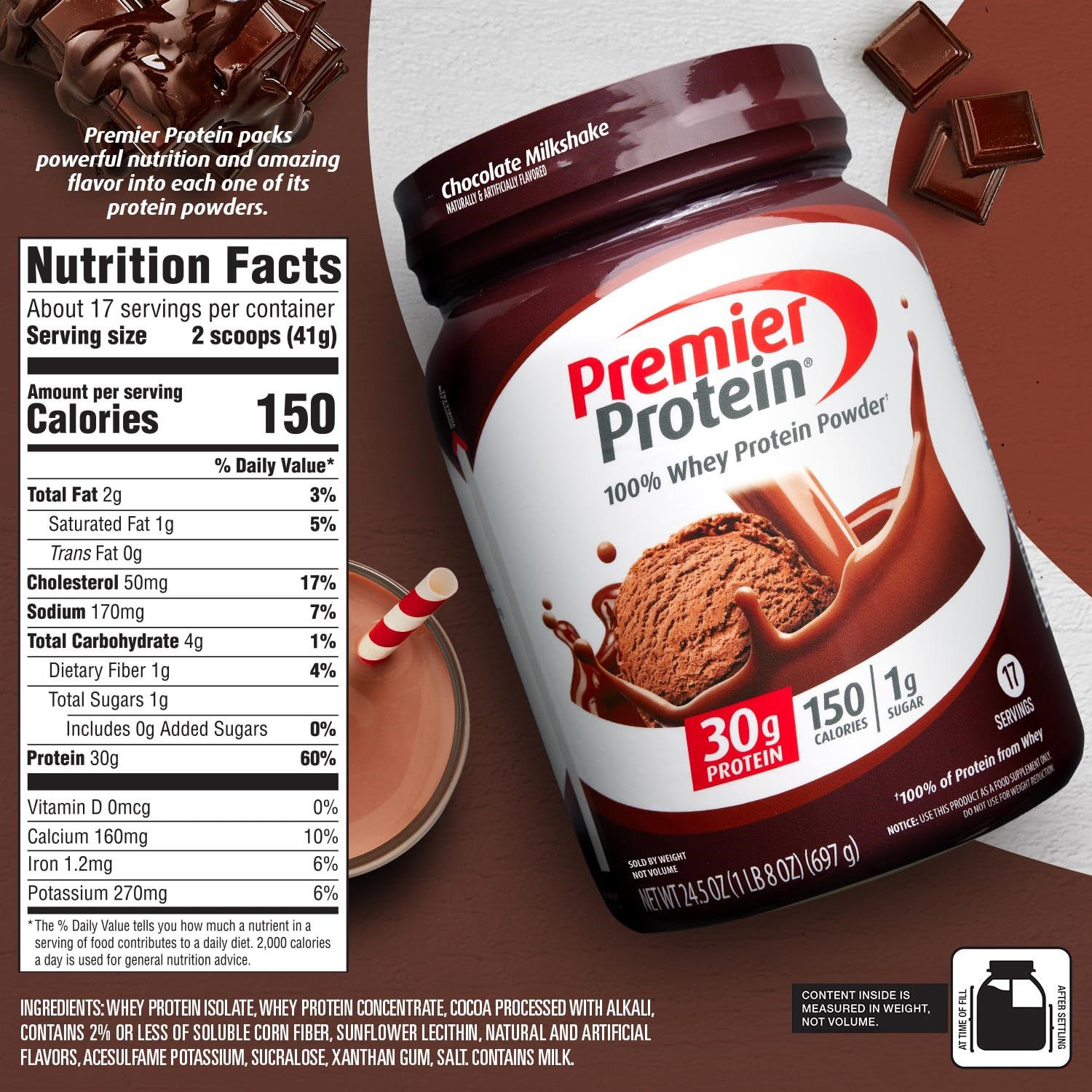 Premier Protein Powder, Chocolate Milkshake, 30g Protein, 1g Sugar, 100% Whey Protein, Keto Friendly, No Soy Ingredients, Gluten Free, 17 Servings, 24.5 Ounce (Pack of 1)