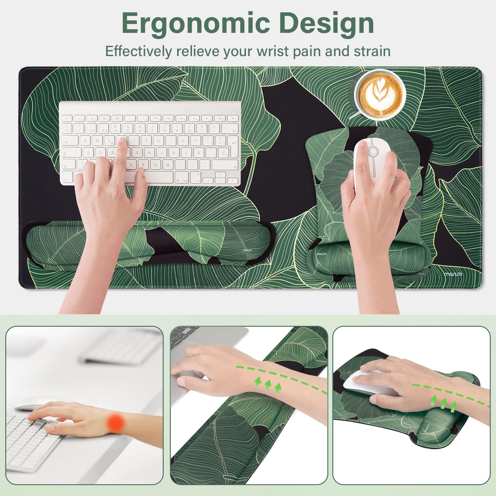 MOSISO Keyboard Mouse Pad Set,Large Gaming Mouse Pad&Keyboard Wrist Rest&Mouse Wrist Rest&Coaster,Ergonomic Non-Slip Leaf Mousepad with Raised Memory Foam for Home Office, Tropical Palm Leaves