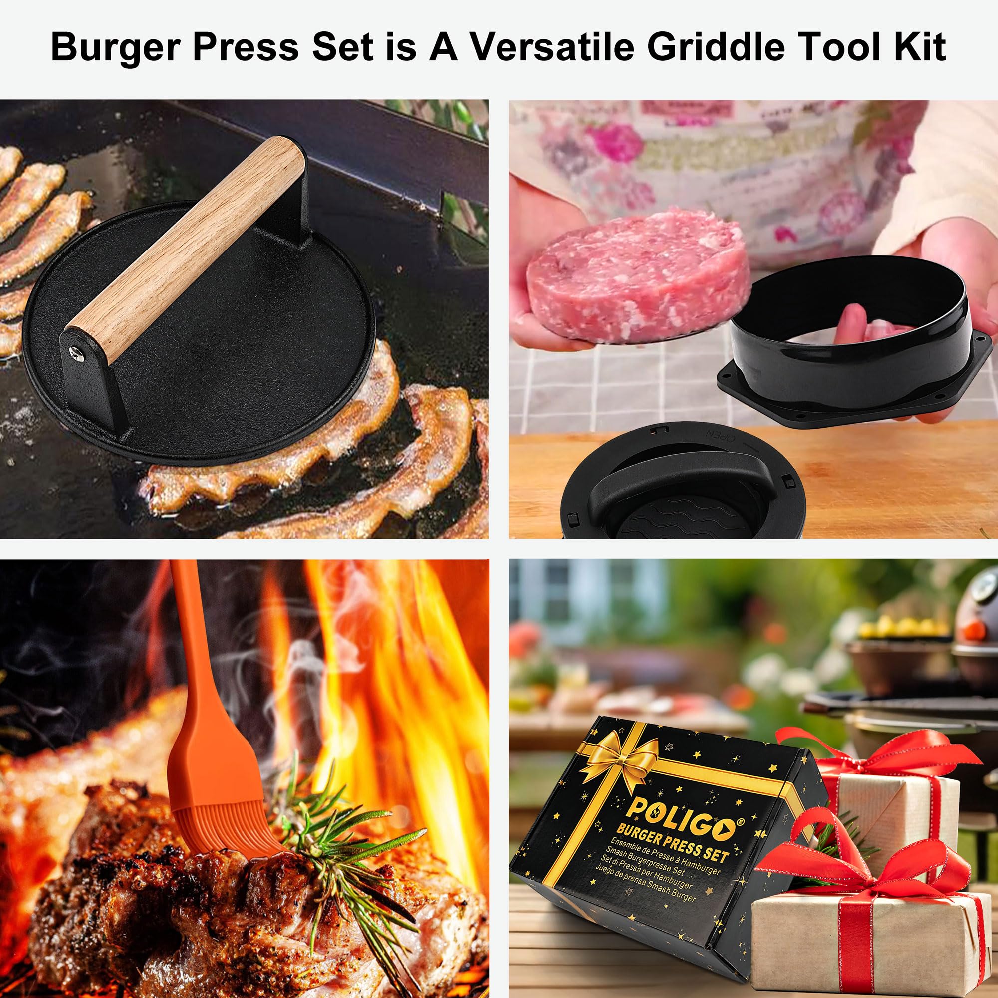 POLIGO Smash Burger Press Kit - 4 in 1 Hamburger Patty Storage Containers, 6.69" Cast Iron Smash Bacon Press - Non Stick Smash Burger Press Set for Grill and Griddle Cooking, Round