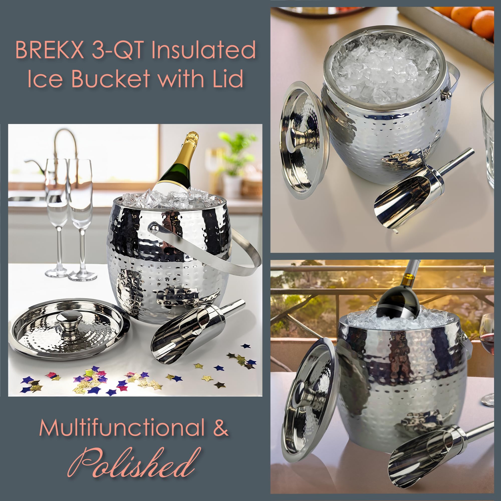 BREKX 3-QT Insulated Ice Buckets for Parties with Lid and Scoop - Iceberg Anchored Wine Chiller Champagne Bucket for Cocktail Bar, Metal Bucket with Lid, Non-Sweat