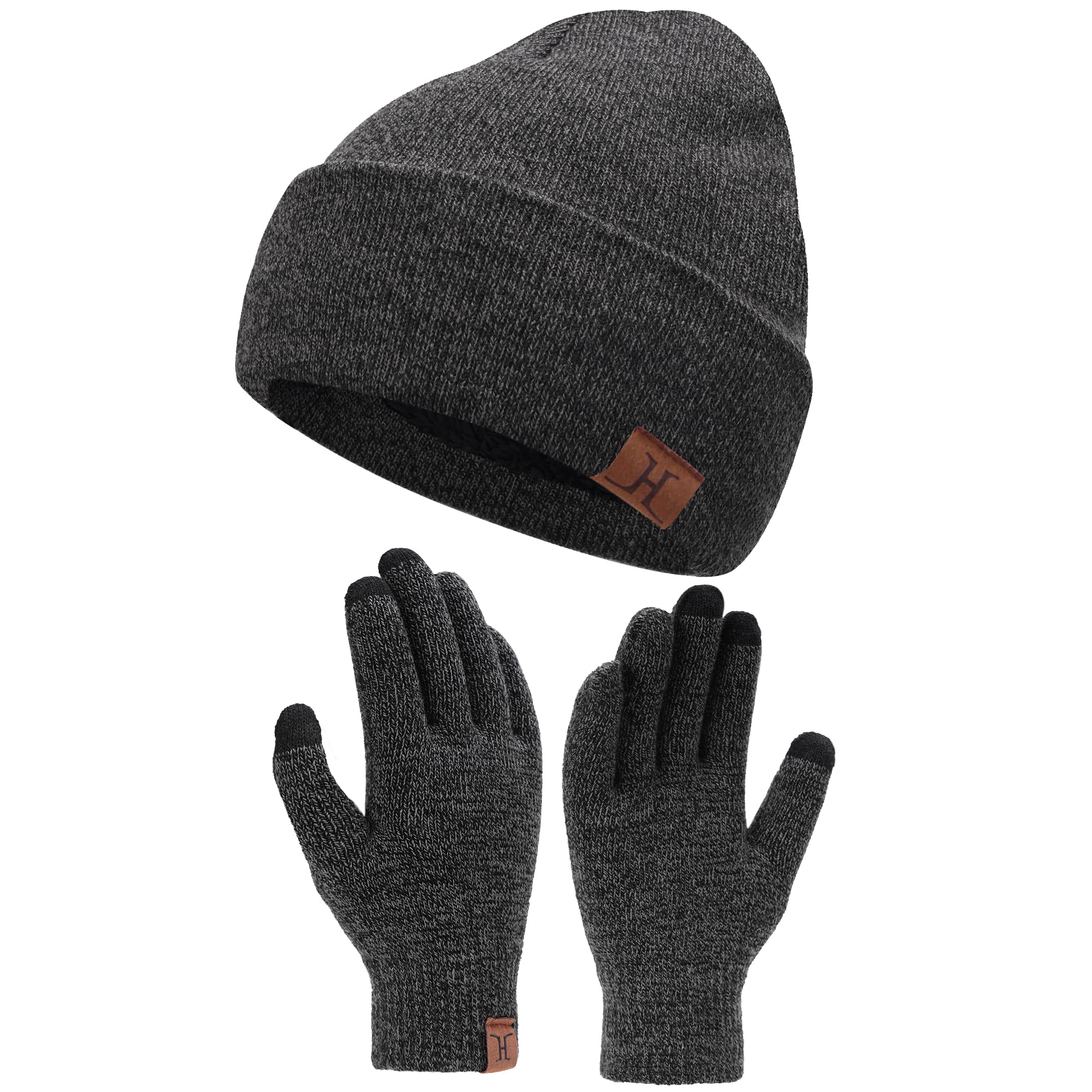 Winter Warm Beanie Hat Touchscreen Gloves Set, Soft Skull Cap Gloves Set for Men and Women with Warm Knit Fleece Lined Dark Grey