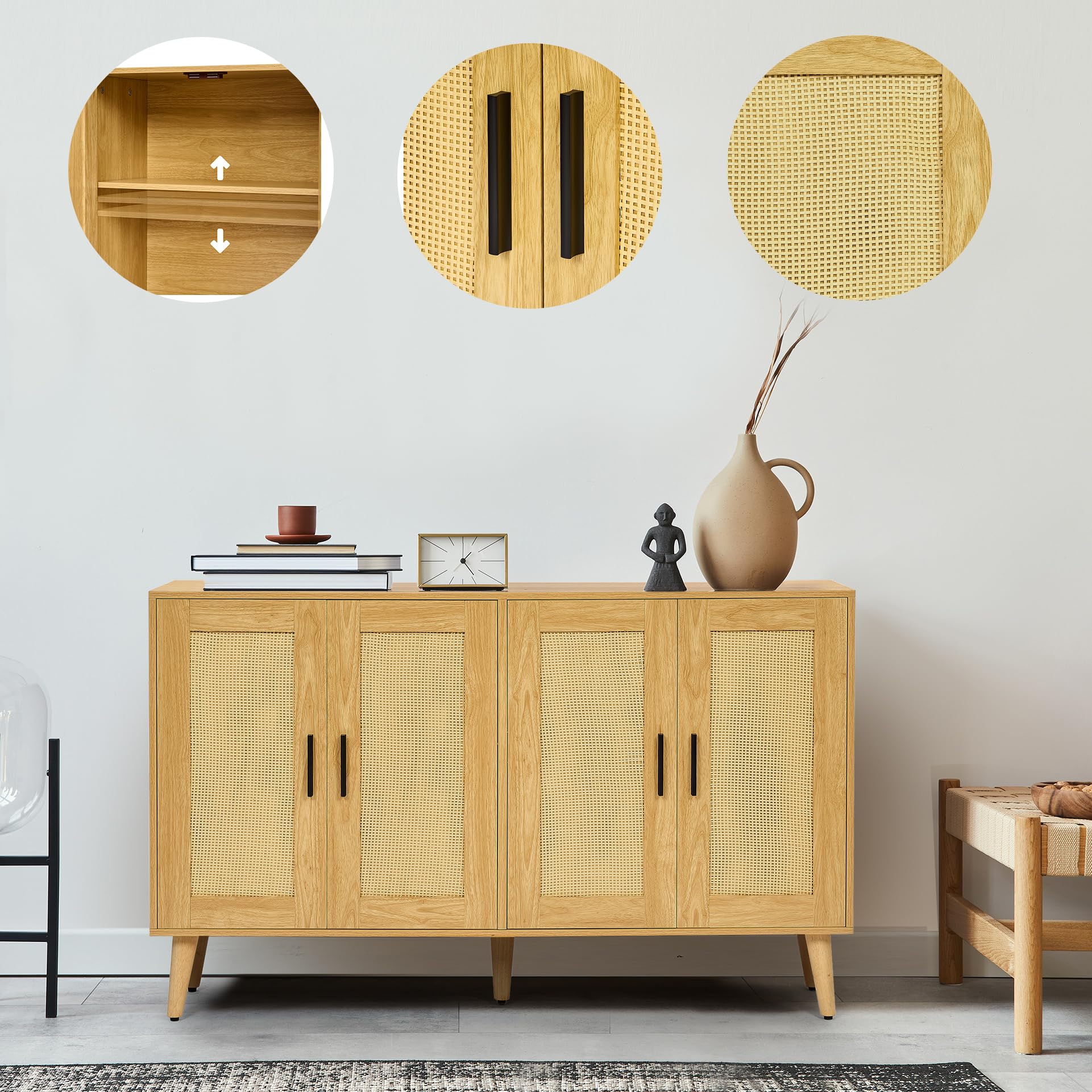 HOMSHO Rattan Sideboard Buffet Cabinet with Double Doors and Adjustable Shelves, Boho Floor Storage Cabinet, Accent Cabinet for Dining Room, Living Room, Hallway, 47.2"x 11.8"x 29.5", Natural