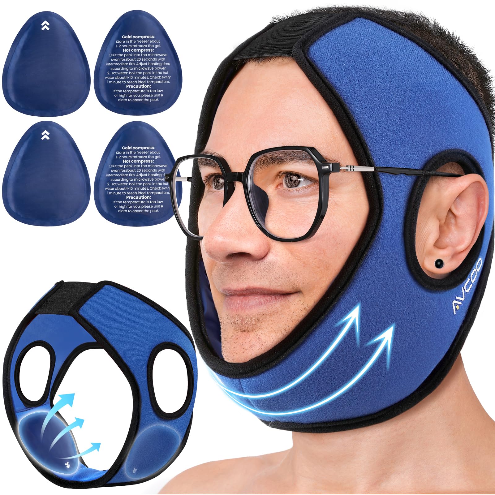 AVCOO Wisdom Teeth Ice Pack Head Wrap with Aluminum Foil Layer for Longer Cold Therapy, Jaw Ice Pack for Face with Ear Cutout Design for Snug Fit, 4 Reusable Ice Bags for Facial Oral Surgery, TMJ Pain