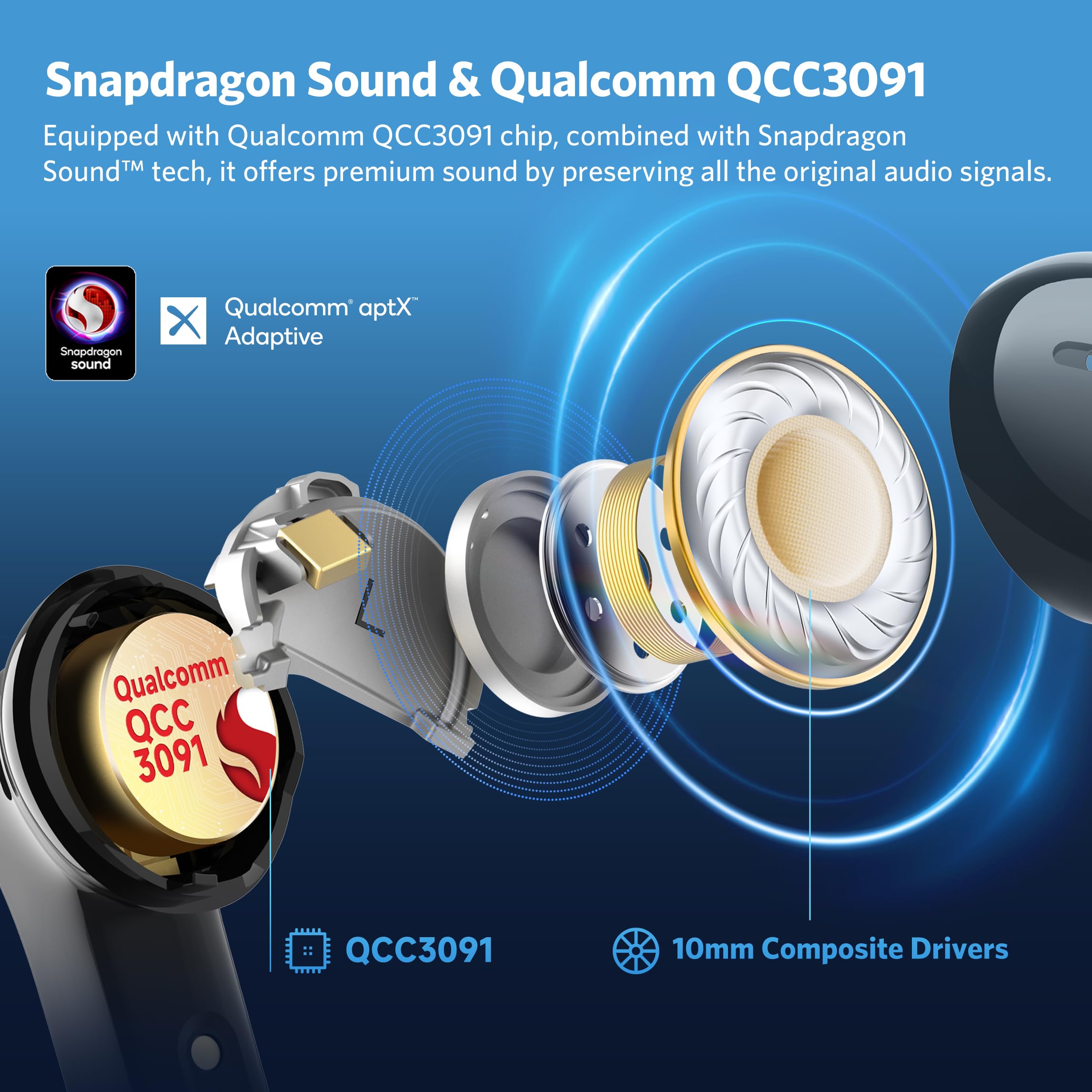 EarFun Air Pro 4 Adaptive Hybrid Noise Canceling Wireless Earbuds, Qualcomm Snapdragon Sound, aptX™ Lossless, 6 Mics AI CVC 8.0 Call, LDAC Hi-Res Audio, 52H Playtime, Bluetooth 5.4, in-Ear Detection