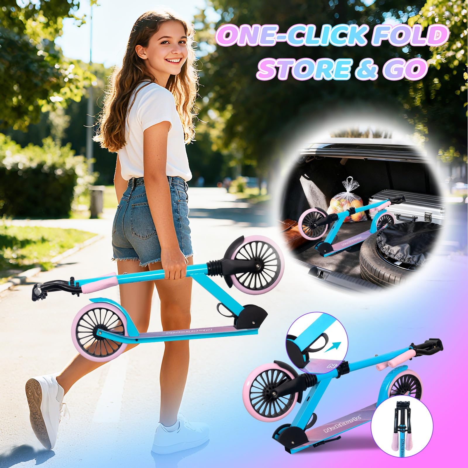 Nattork Kick Scooter for Teens Adults, Max Load 240 LBS, Adjustable Height Foldable with 8" Large Wheels, Anti-Shock Suspension Blue