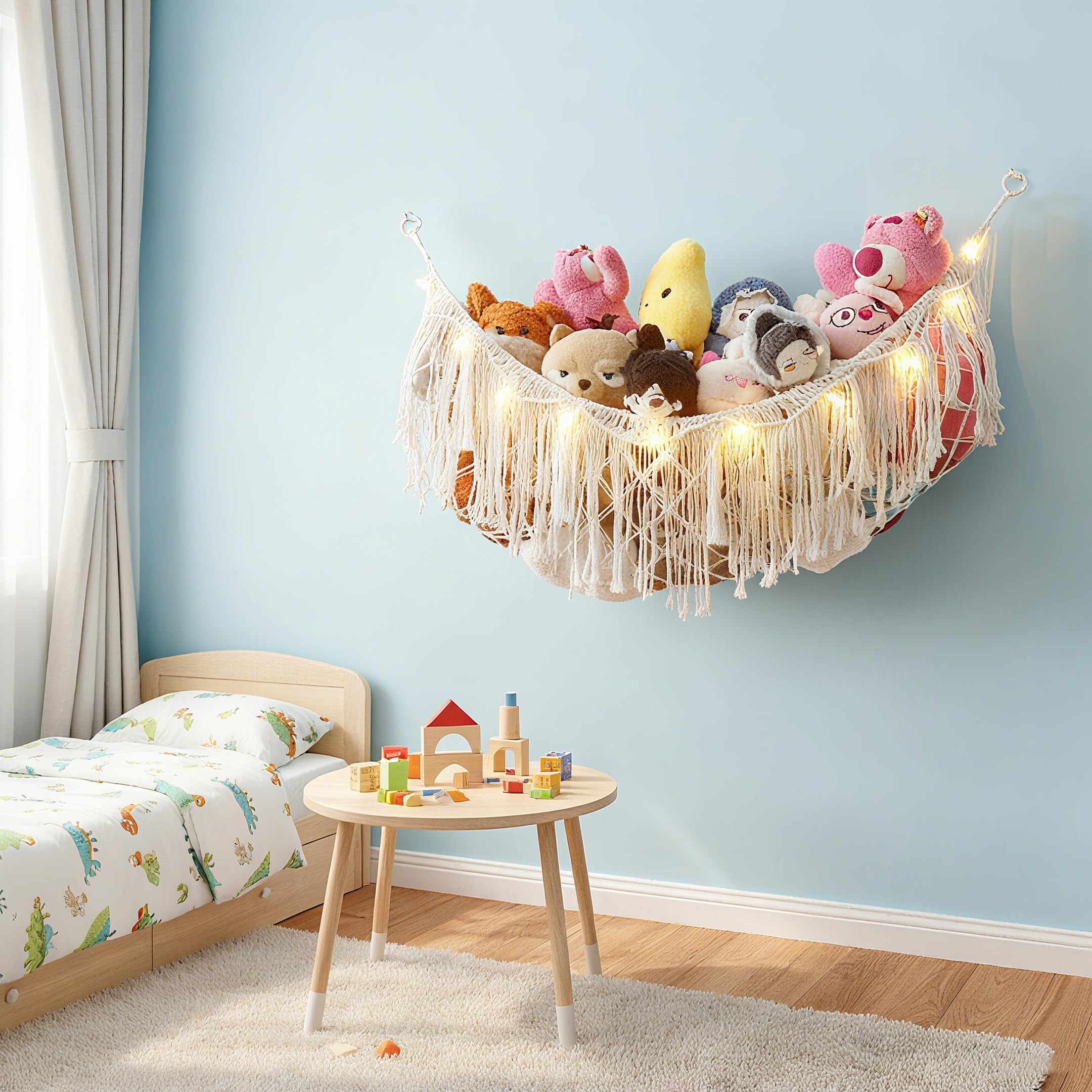 Stuffed Animal Hammock or Net With LED Lights Extra Large Wall Hanging Stuffed Animal Storage Nets for Teddy Bear Handmade Macrame Hanging Toy Net Hammock for Stuffed Animal Storage (Beige)