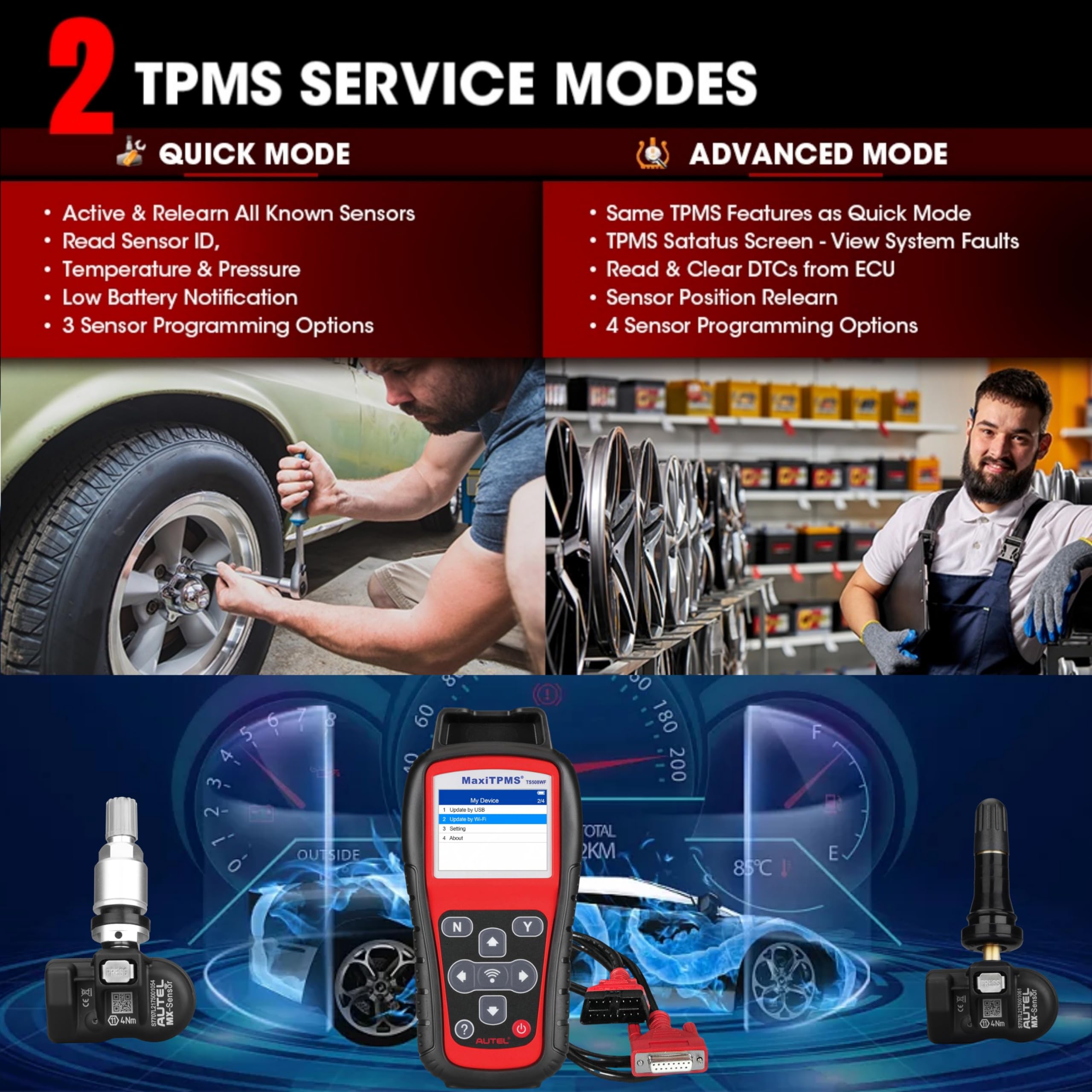 Autel MaxiTPMS TS508WF Complete with 4 pcs Duel Frequency Rubber MX Sensor, MX Sensor Programming TPMS Diagnostic OBD Relearn Activate Read Copy TPMS Sensor Read/Clear TPMS DTCs, Free Lifetime upgrate