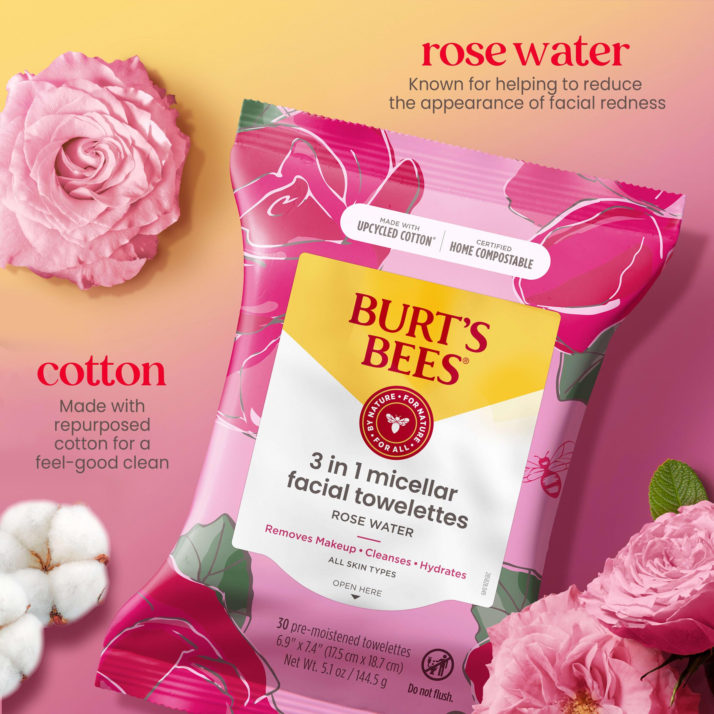 Burt's Bees Rose Water Face Wipes, for All Skin Types, Hydrating Micellar Makeup Remover & Facial Cleansing Towelettes, 30 Ct (3-Pack)