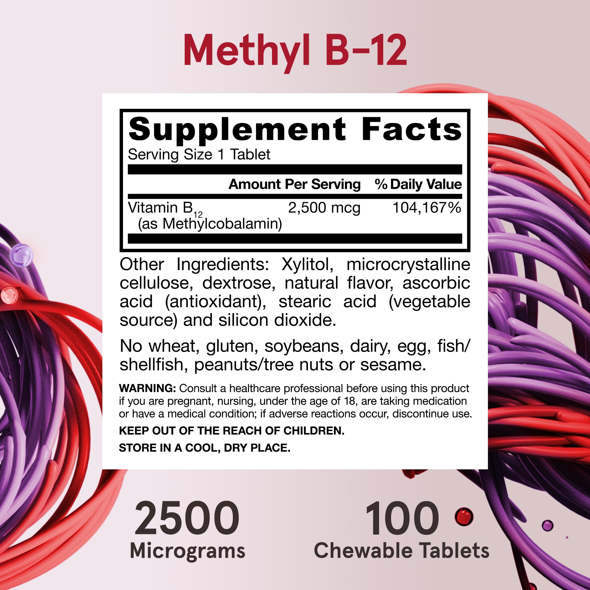 Jarrow Formulas Ultra Strength Methyl B-12 2500mcg, Dietary Supplement for Cellular Energy Production and Brain Health Support, 100 Tropical-Flavored Chewable Tablets, 100 Day Supply