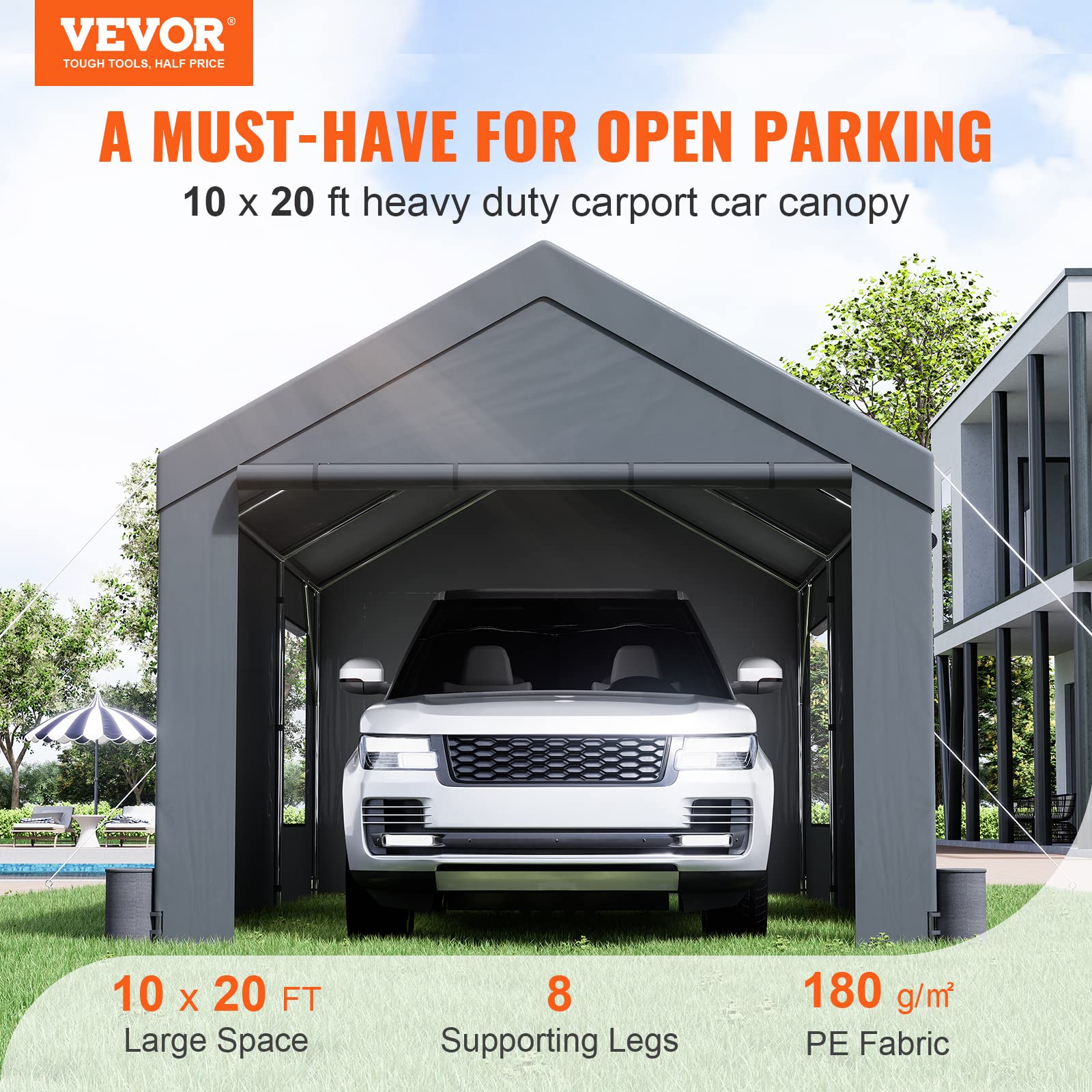 VEVOR Carport 10x20ft, Car Canopy Portable Garage, Heavy Duty Car Port with Roll-up Ventilated Windows & Removable Sidewalls, UV Resistant Waterproof All-Season Tarp for SUV, F150, Car, Truck, Boat