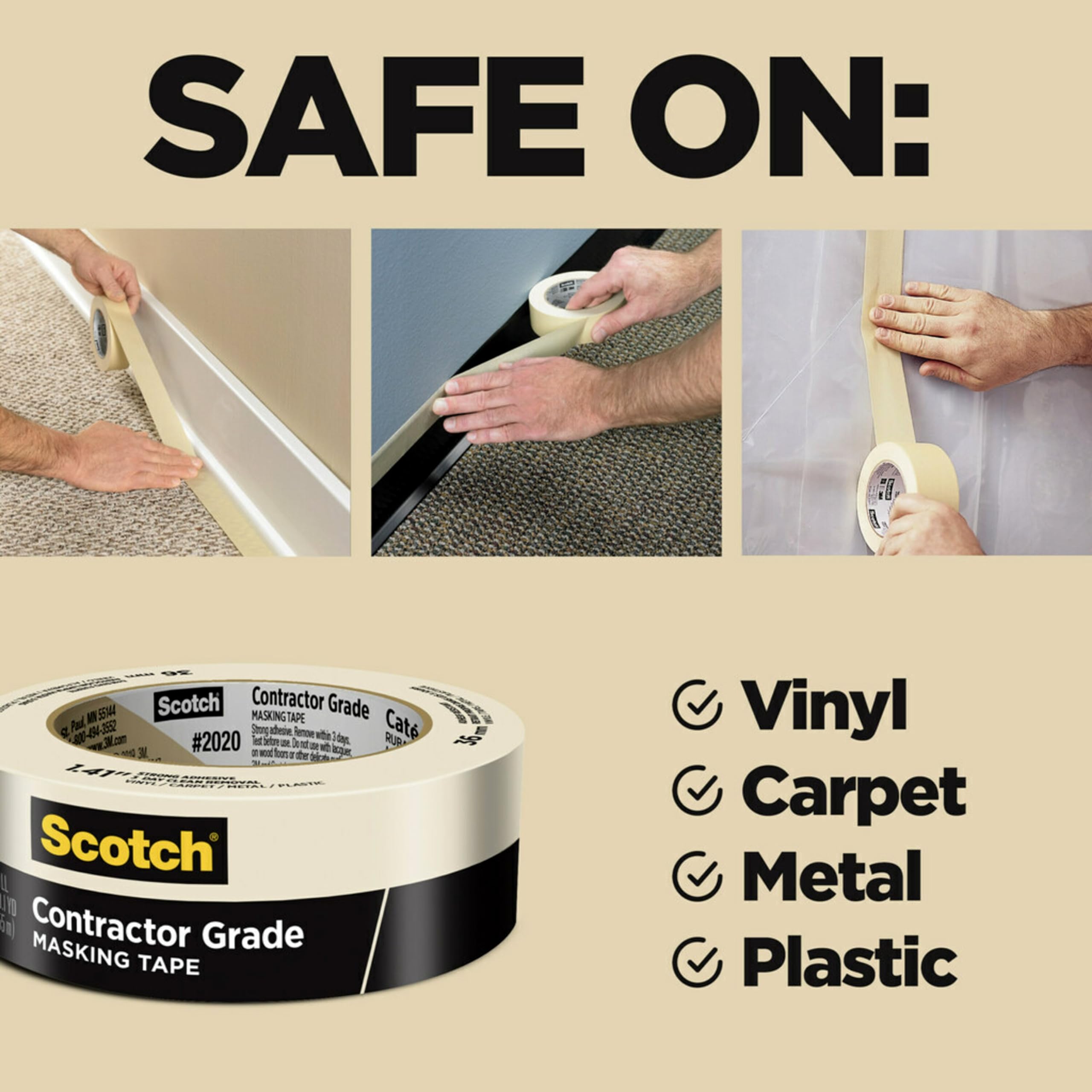 Scotch Painter's Tape Contractor Grade Masking Tape, 6 Rolls, 1.88 in x 60.1 yd, Holds to Surfaces For Up to 3 days, Removes Easily Without Leaving Sticky Residue, Interior & Exterior Use (2020-48TP6)