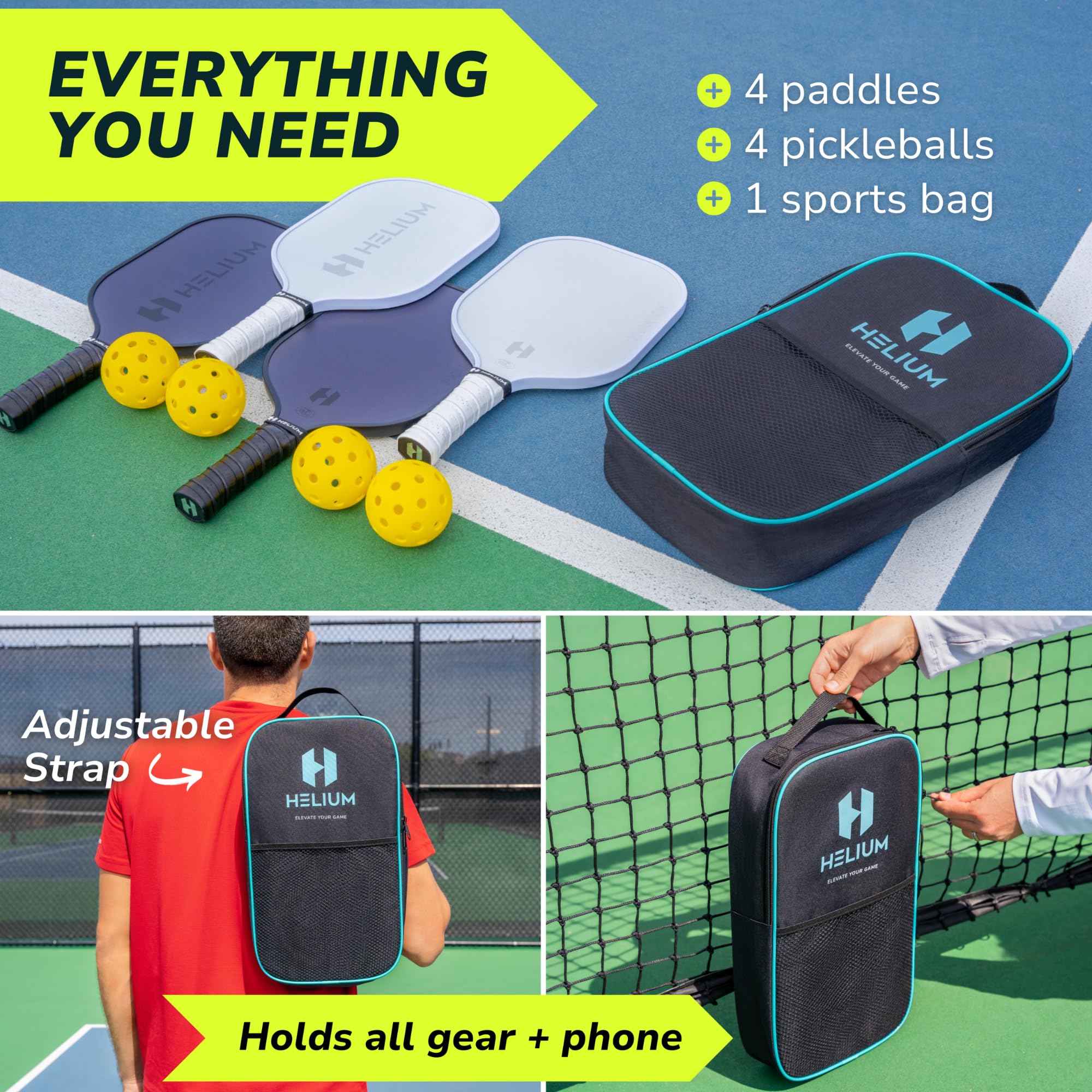 Helium Pickleball Paddles Set of 4 - USAPA Certified - Graphite Fiberglass Surface, Lightweight Honeycomb Core