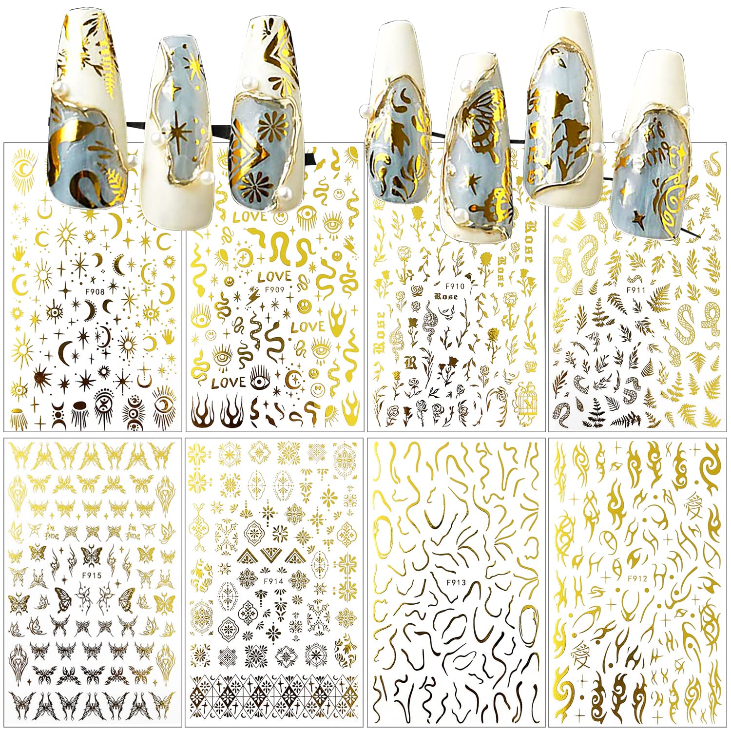 8 Sheets Gold Snake Nail Stickers 3D Bronzing Rose Eyes Heart Nail Art Decorations Self-Adhesive Stickers for Acrylic Nail Art Decals Women Nail Accessories Nail Supplies