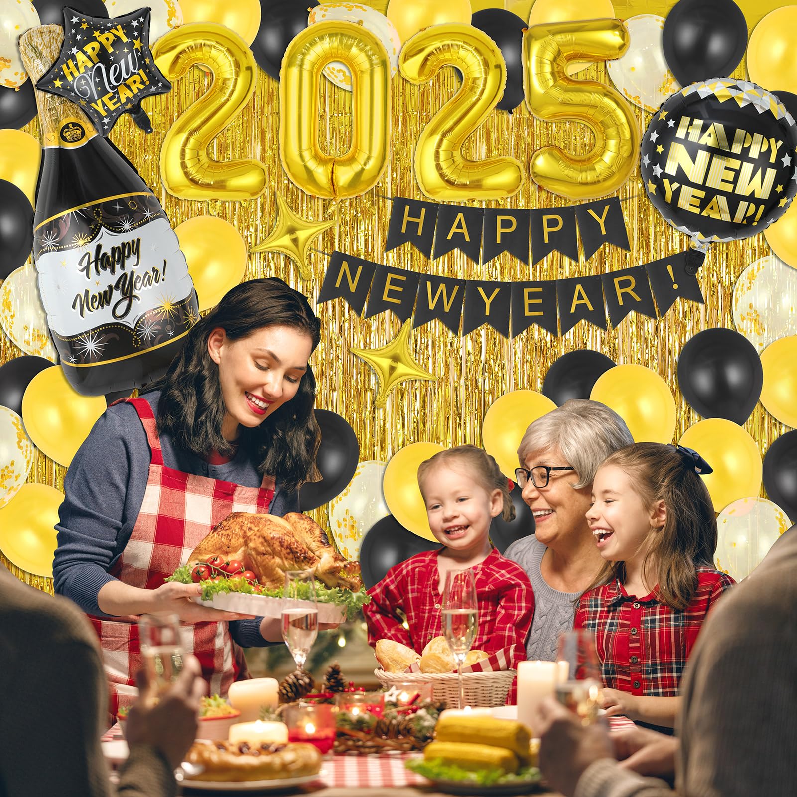 New Year Eve Party Supplies 2025 - 2025 Happy New Year Decorations Black Gold with 2025 Foil Balloon, Happy New Year Banner, Latex Balloon and Gold Foil Curtain Backdrop