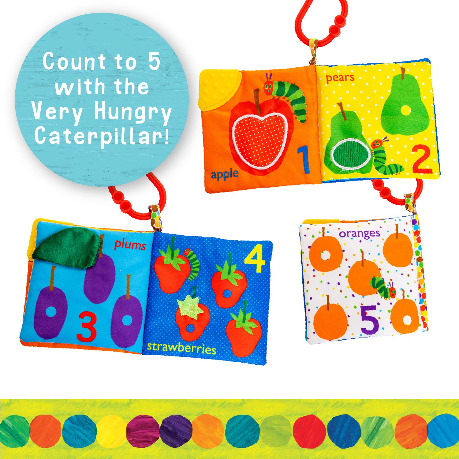 Let's Count Soft Book - World of Eric Carle the Very Hungry Caterpillar Baby on the Go Clip Teething Crinkle Soft Sensory Book for Babies, 5.25x5.25 Inch