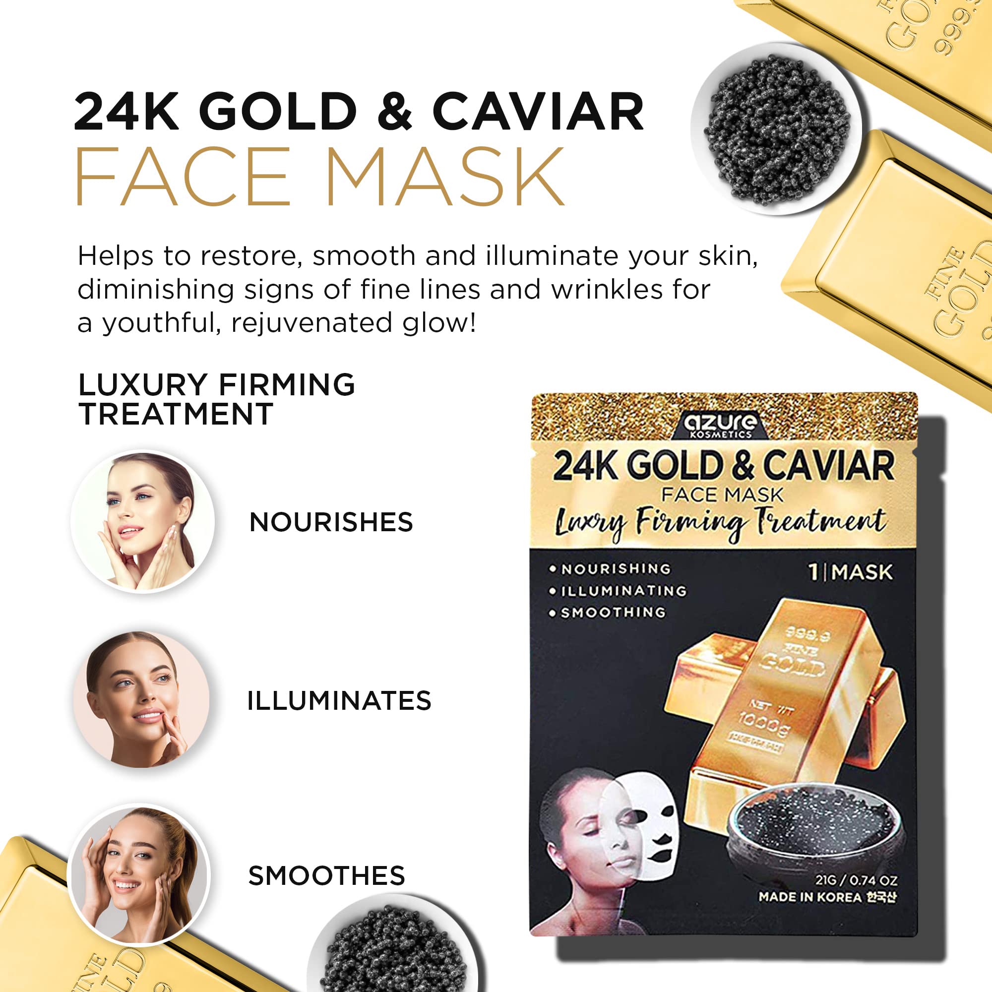 AZURE 24K Gold and Caviar Anti Aging Luxury Face Mask - Hydrating & Firming Facial Mask - Helps Reduce Wrinkles & Fine Lines - With Hyaluronic Acid & Collagen - Skin Care Made in Korea - 5 Pack