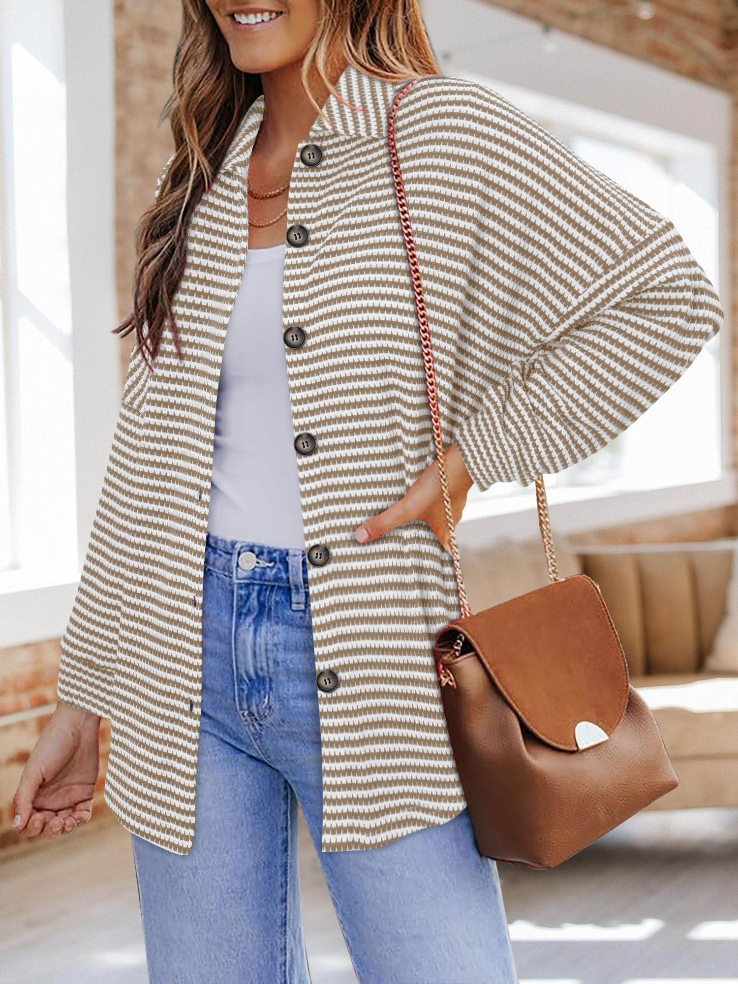 BETTE BOUTIK Womens Sweatshirt Fall Winter Fashion Tunic Tops Boho Long Sleeve Crochet Waffle Knit Loose Casual Shirt Flowy Cute Comfy Shacket Jacket Off White Stripes S
