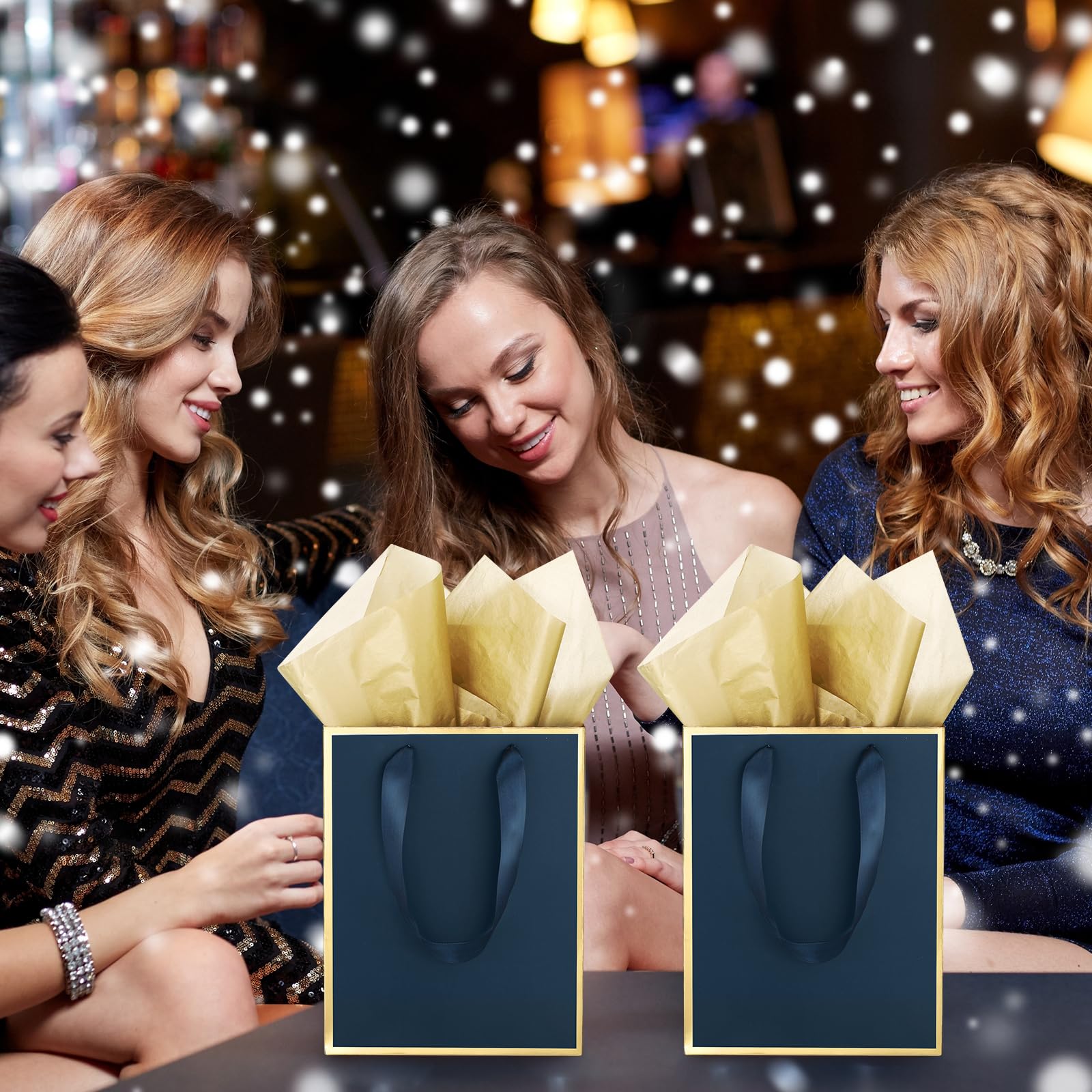 Yeaqee 24 Pack Metallic Paper Gift Bags with Handle and Tissue 9 x 7 x 3.1 Bridesmaid Welcome Gift Bag Thank You Bags for Christmas Thanksgiving Party Wedding Bridal Favor(Navy Blue, Gold)