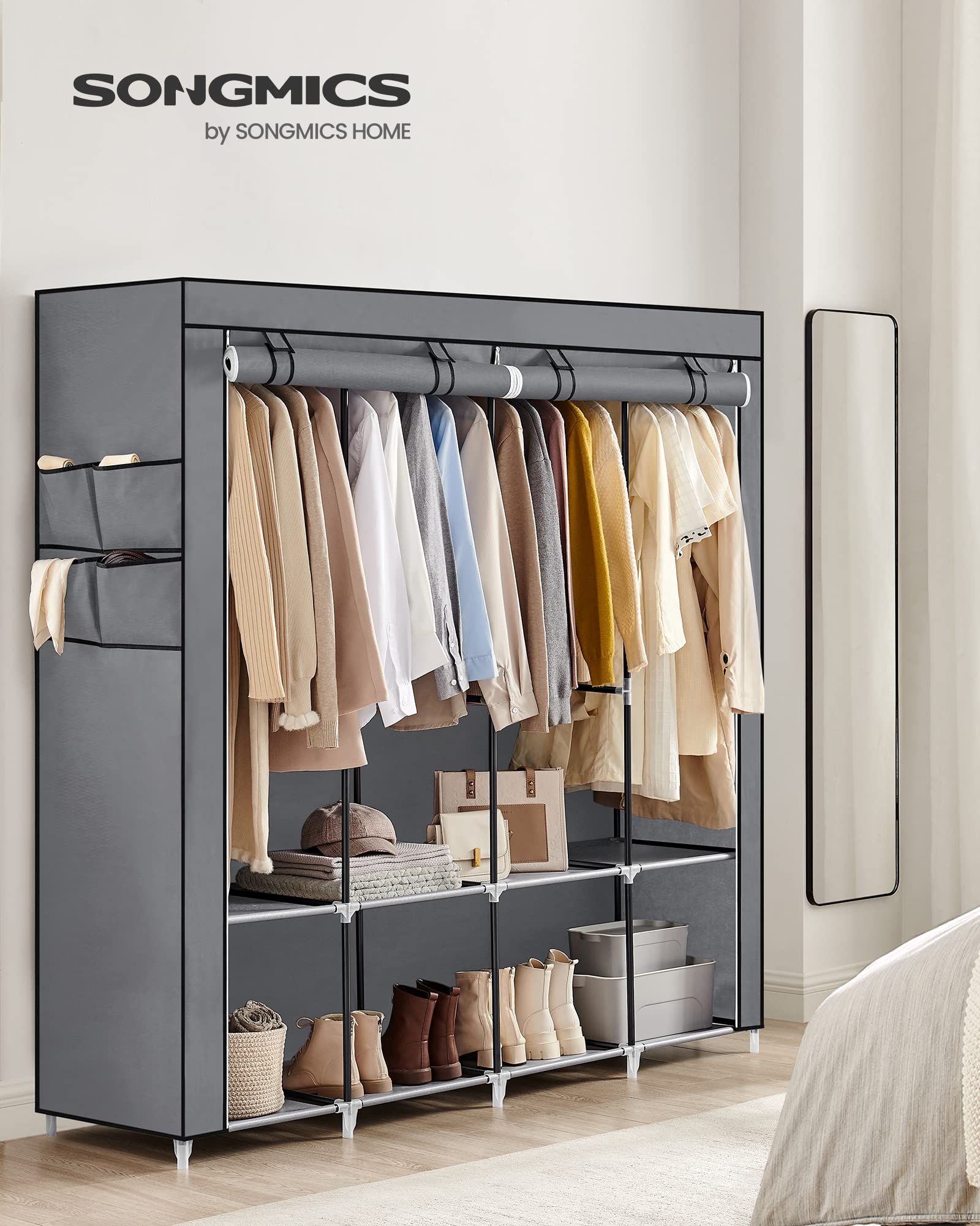 SONGMICS Portable Closet, Wardrobe Closet Organizer with Cover, 4 Hanging Rods and Shelves, 4 Side Pockets, 66.9 x 17.7 x 65.7 Inches, Large Capacity for Bedroom, Living Room, Gray URYG094G02