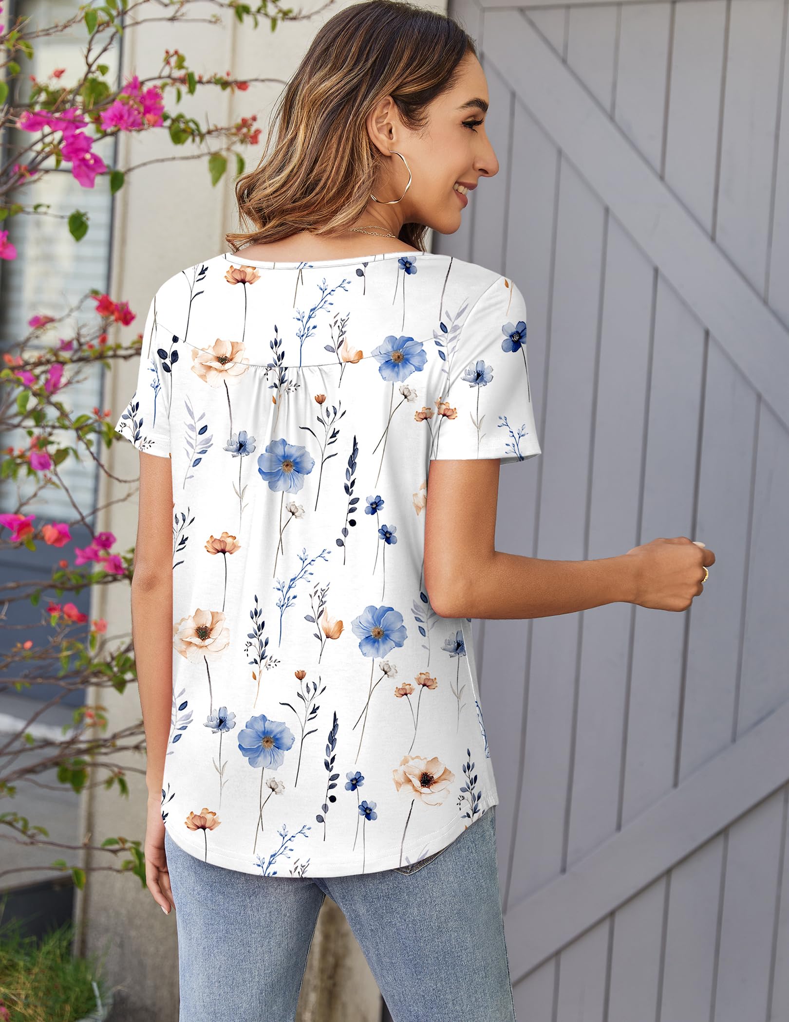 Zeagoo Short Sleeve Shirts for Women Summer Tops Dressy Casual Blouses Pleated Scooped Neck Tunic Tops for Leggings Large