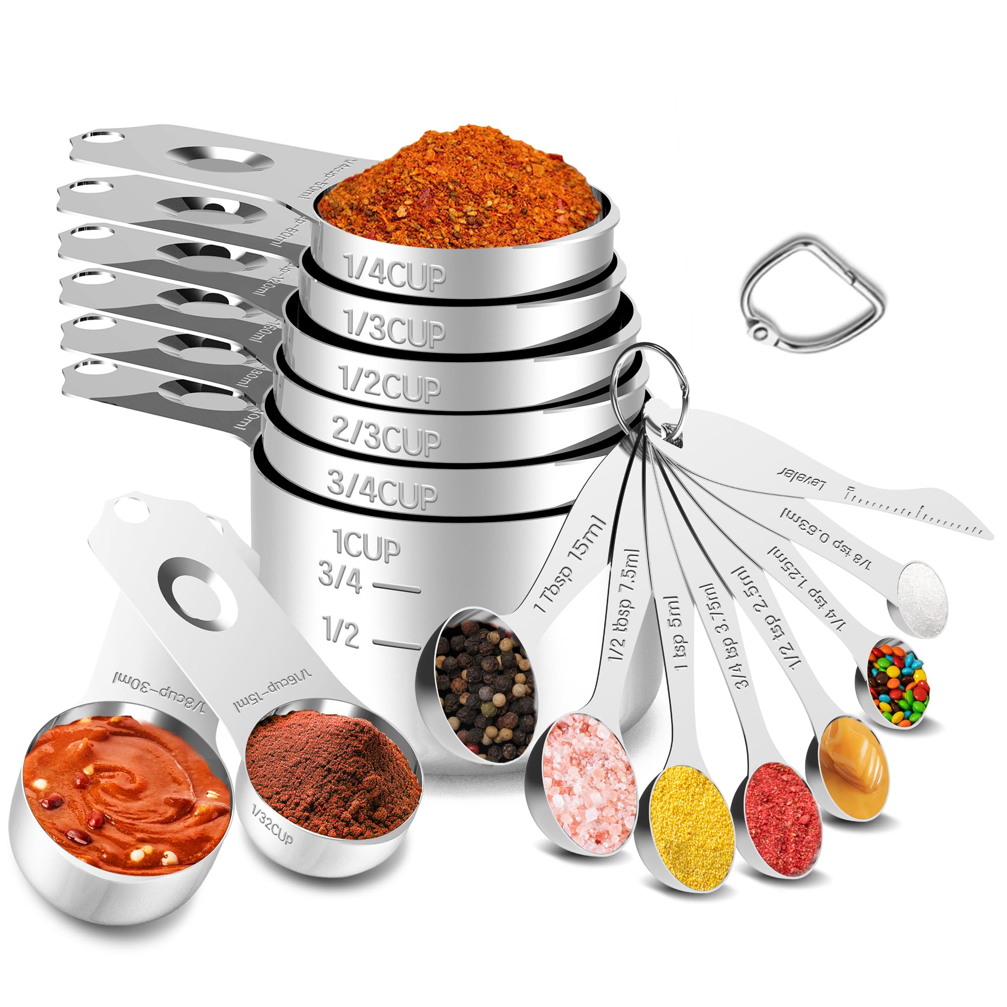 Minteem Stainless Steel Measuring Cups and Spoons Set with Easy to Read Markings, 8 Nesting Measuring Cups, 7 Spoons & 1 Leveler, Kitchen Gadgets for Measuring Dry or Liquid Ingredients, Round