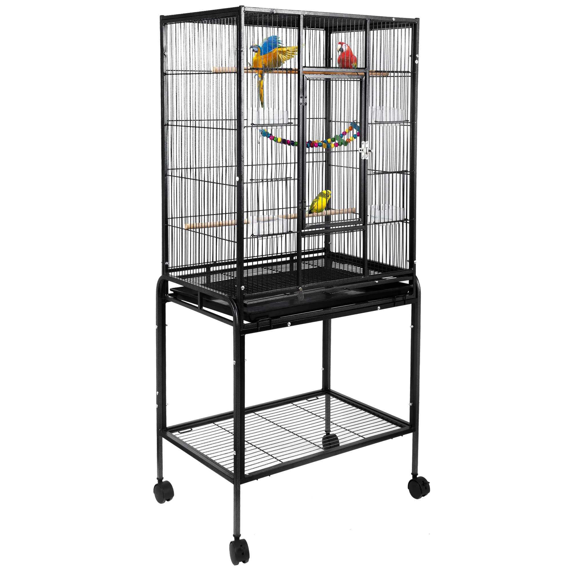 53-inch Bird Cage with Rolling Stand & Storage Shelf, Large Wrought Iron Parrot Cage for Cockatiel, Conure, Lovebird, Parakeets, Pet House with Bottom Tray Wire