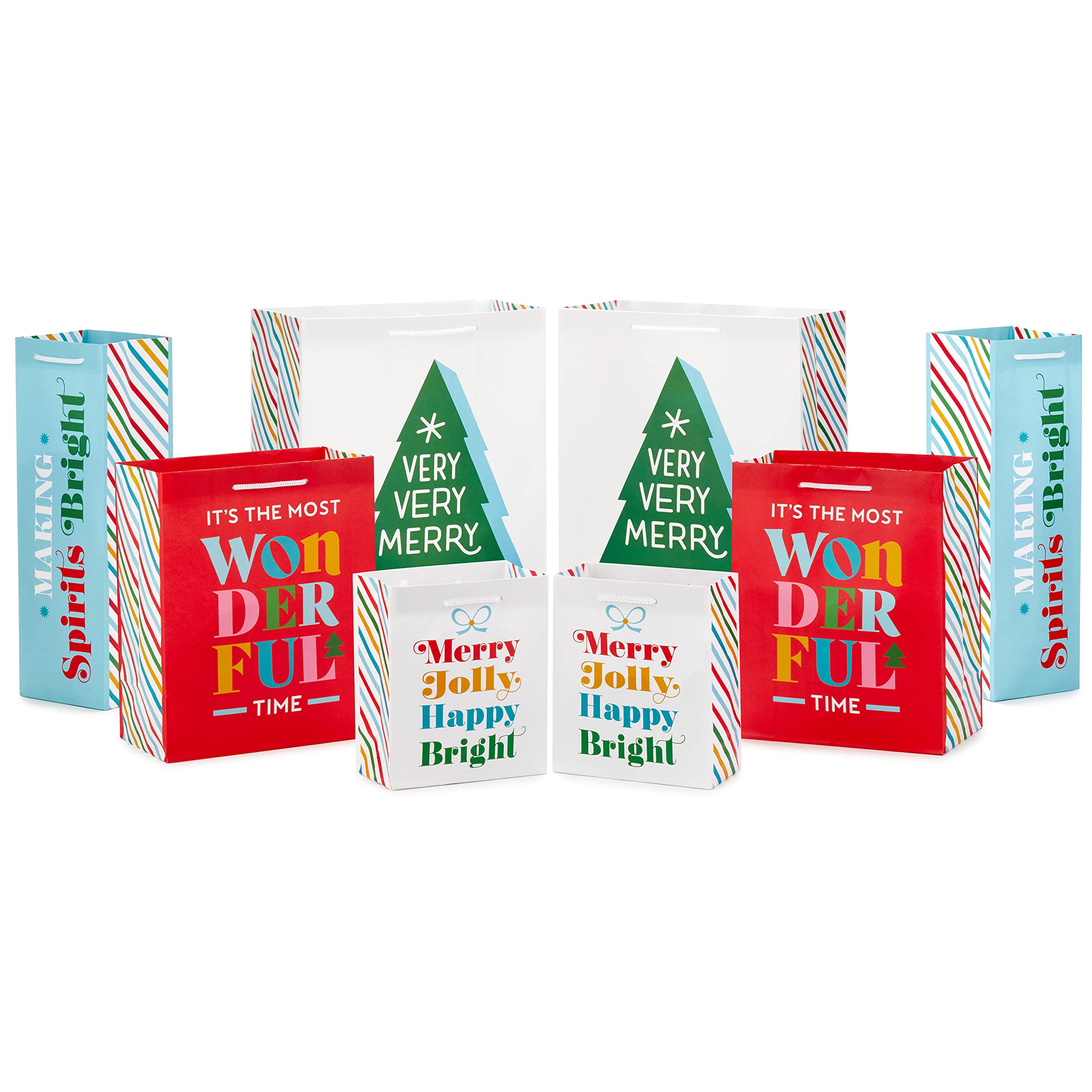 Hallmark Colorful Christmas Gift Bag Assortment (8 Bags: 2 Small 6", 2 Medium 9", 2 Large 13", 2 Bottle Bags) Minimalist Trees, Pink, Teal, Yellow, Green