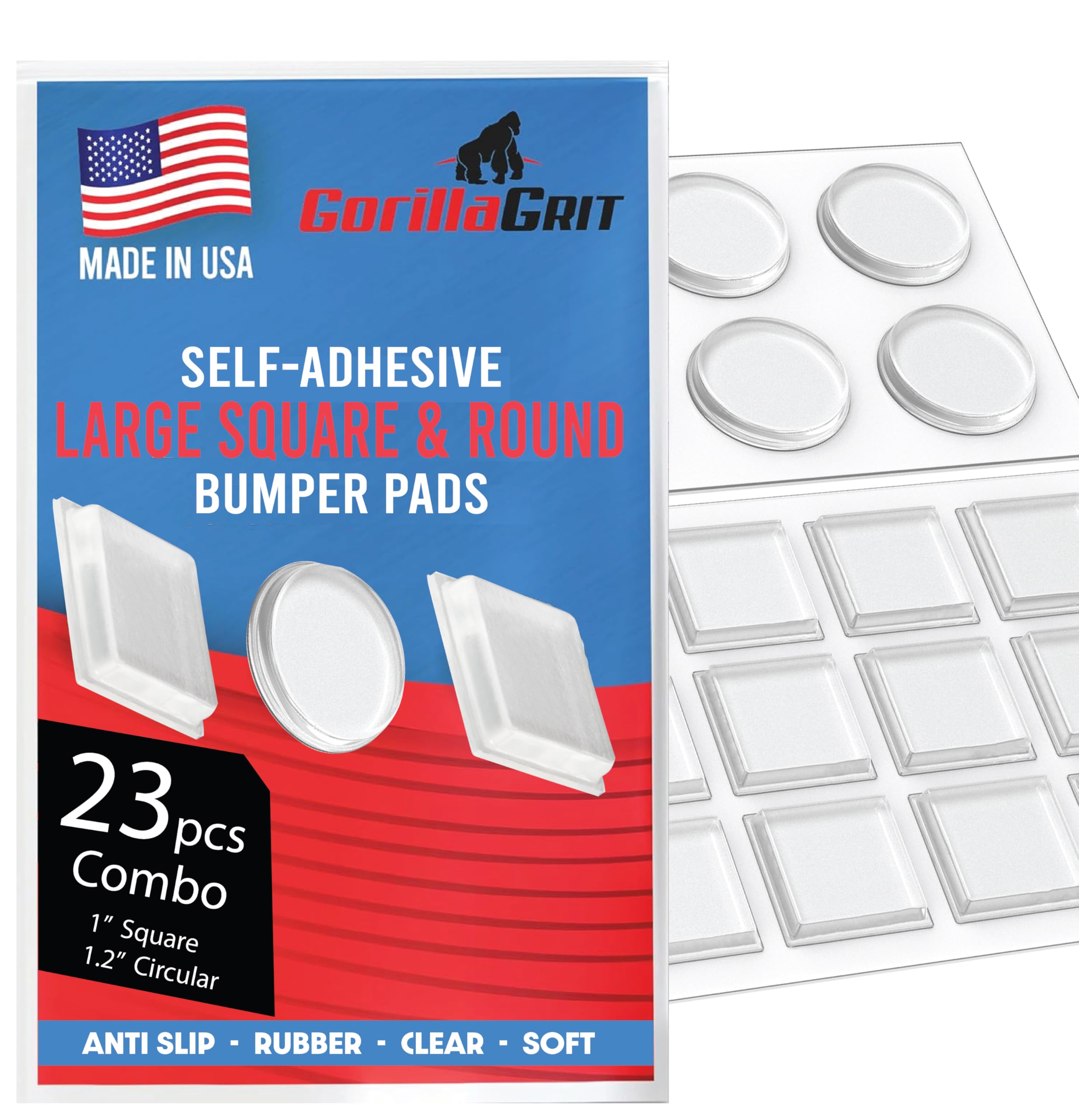 1 Inch Clear Adhesive Bumpers Combo Pack (Square, Circle) - Made in USA - Set of 23 Transparent Glass Protective Pads, Self Stick Rubber Pads for Glass Table Top, Furniture Feet, Picture Frames
