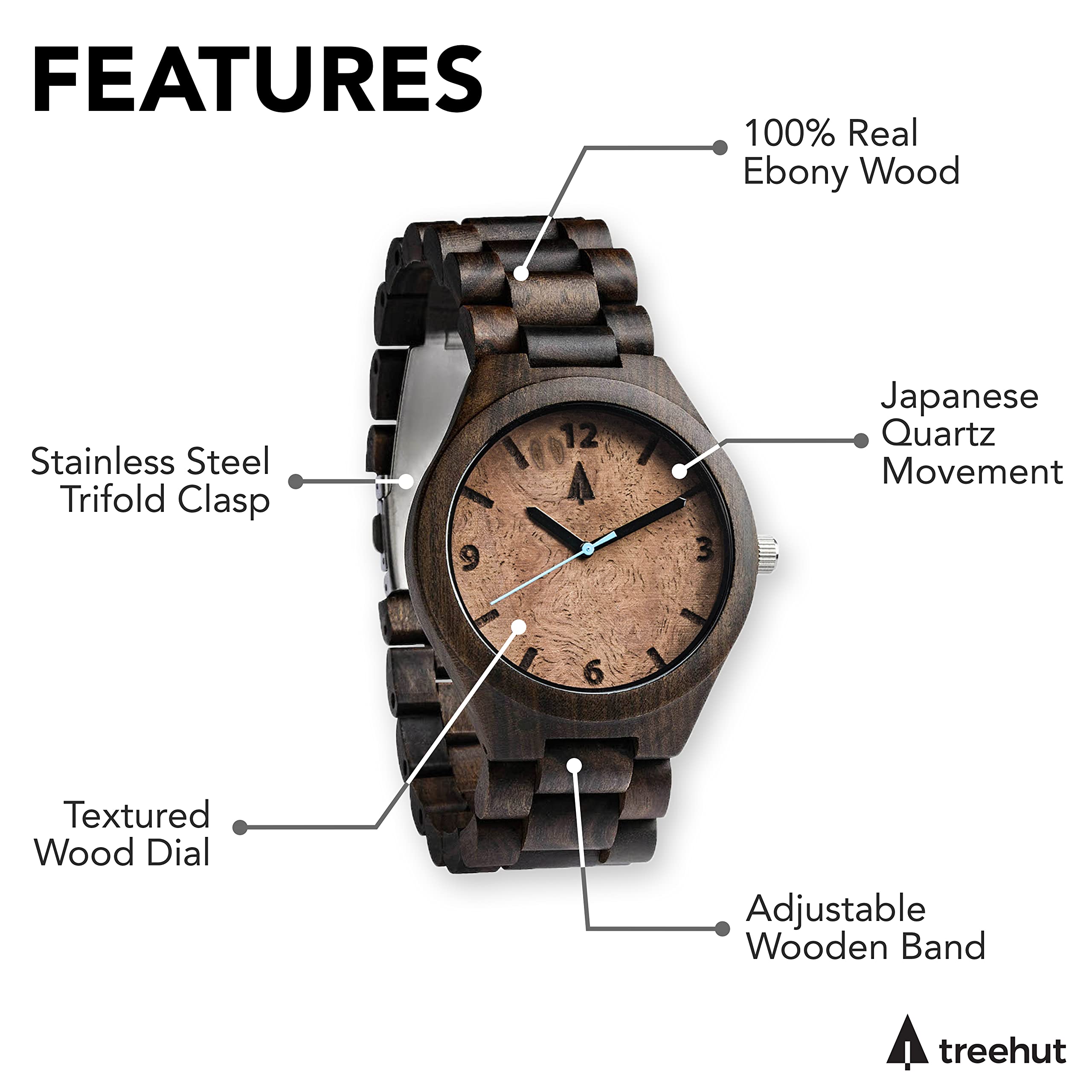 treehut Wooden Watches for Men, Japanese Quartz Movement, Stylish Exotic Wrist Watch with Stainless Steel Buckle, Adjustable Straps, Watch Made from Ebony Wood, Relojes para Hombre