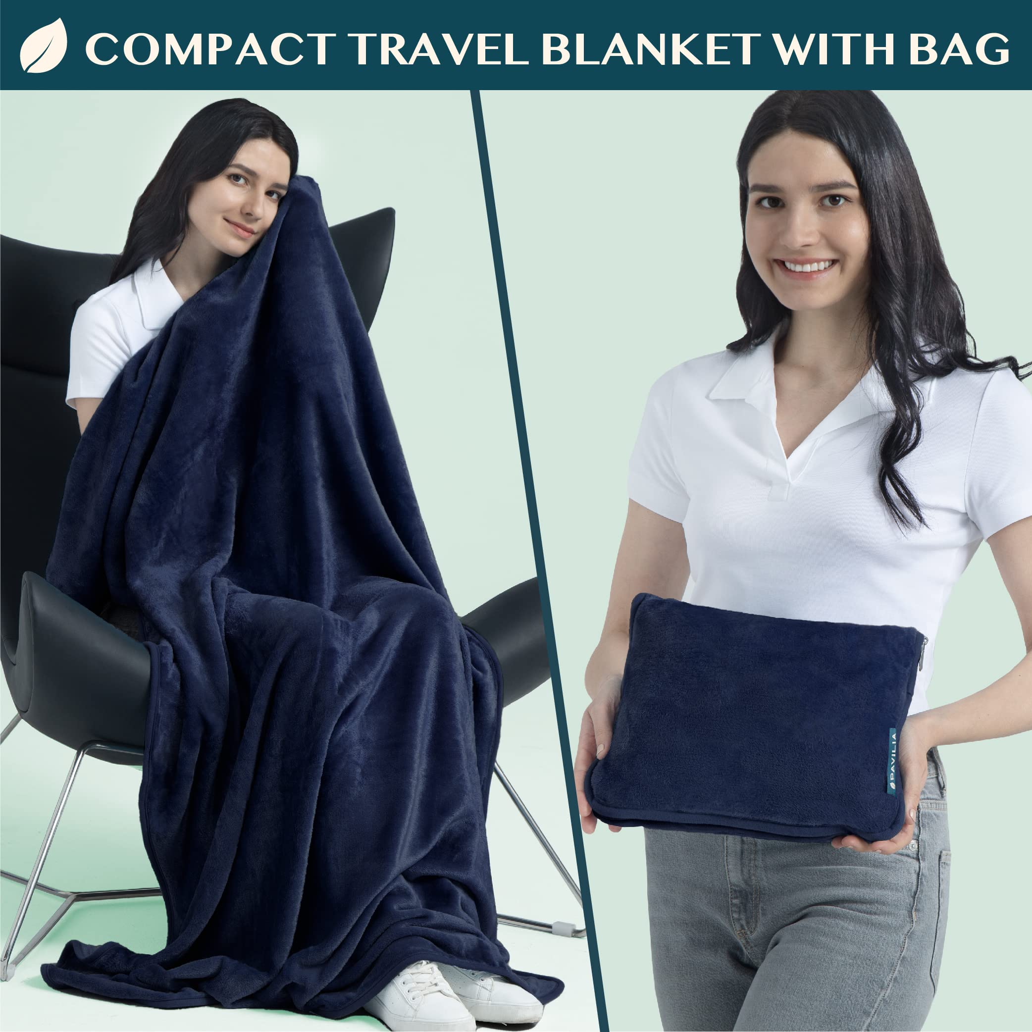 PAVILIA Travel Blanket Pillow, Soft Airplane Blanket 2-IN-1 Combo Set, Plane Blanket Compact Packable, Flight Essentials Car Pillow, Travelers Gifts Accessories Luggage Backpack Strap, 60x43 Navy Blue