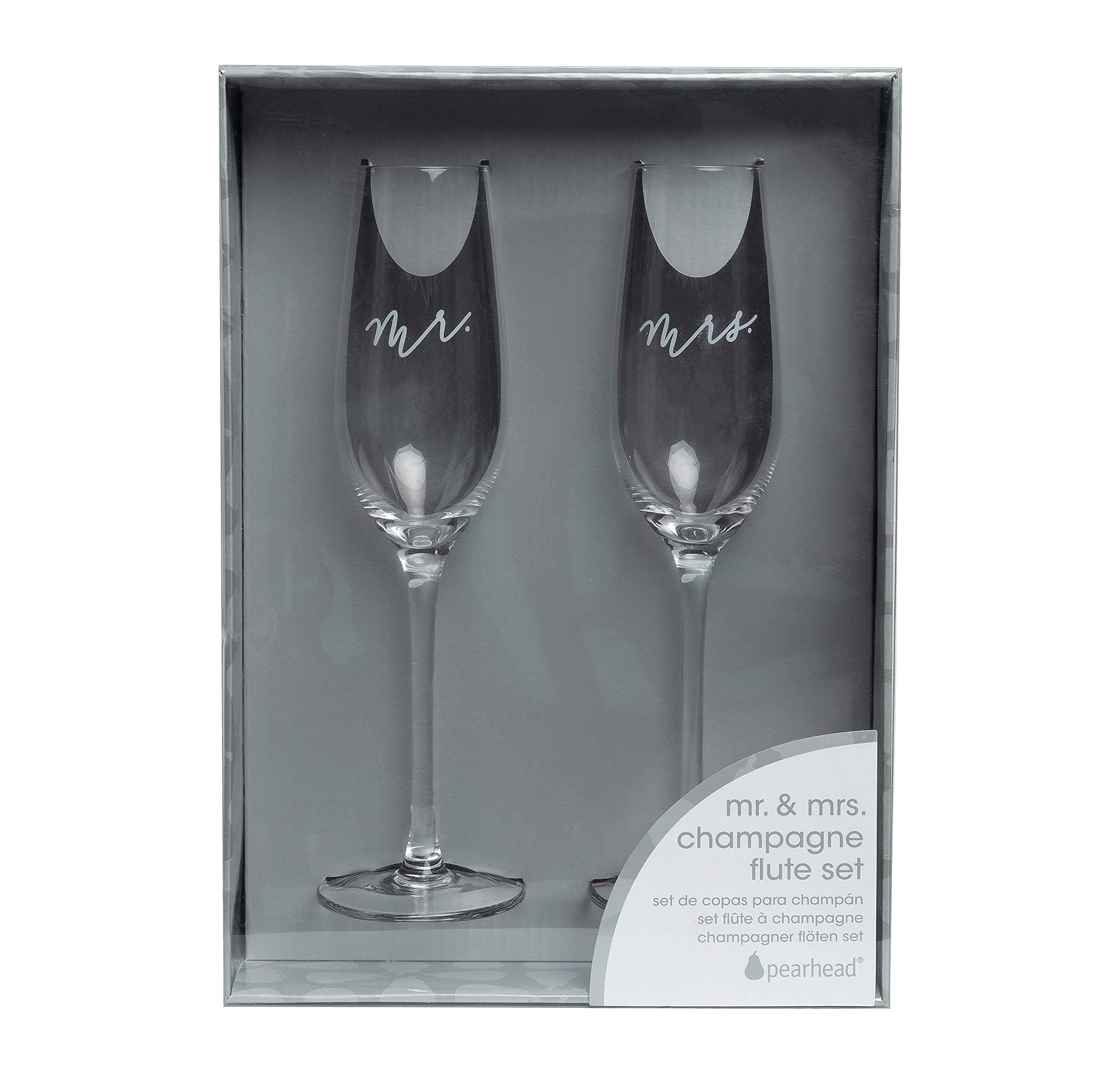 Pearhead Mr. & Mrs. Champagne Flute Set - Elegant His and Hers Wedding Toasting Glasses for Unforgettable Celebrations, Bridal Shower and Registry Idea, Tall Wine Glasses for Bride and Groom